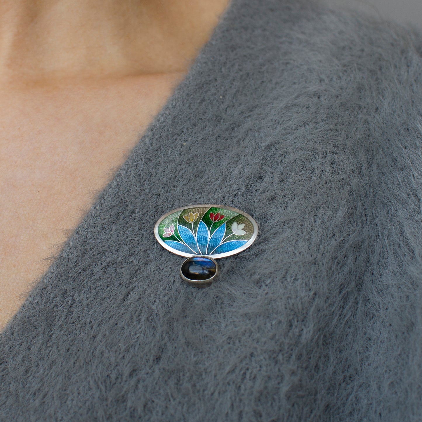 Enamel Brooch, Labradorite Brooch, Cloisonne Enamel And Sterling Silver Brooch