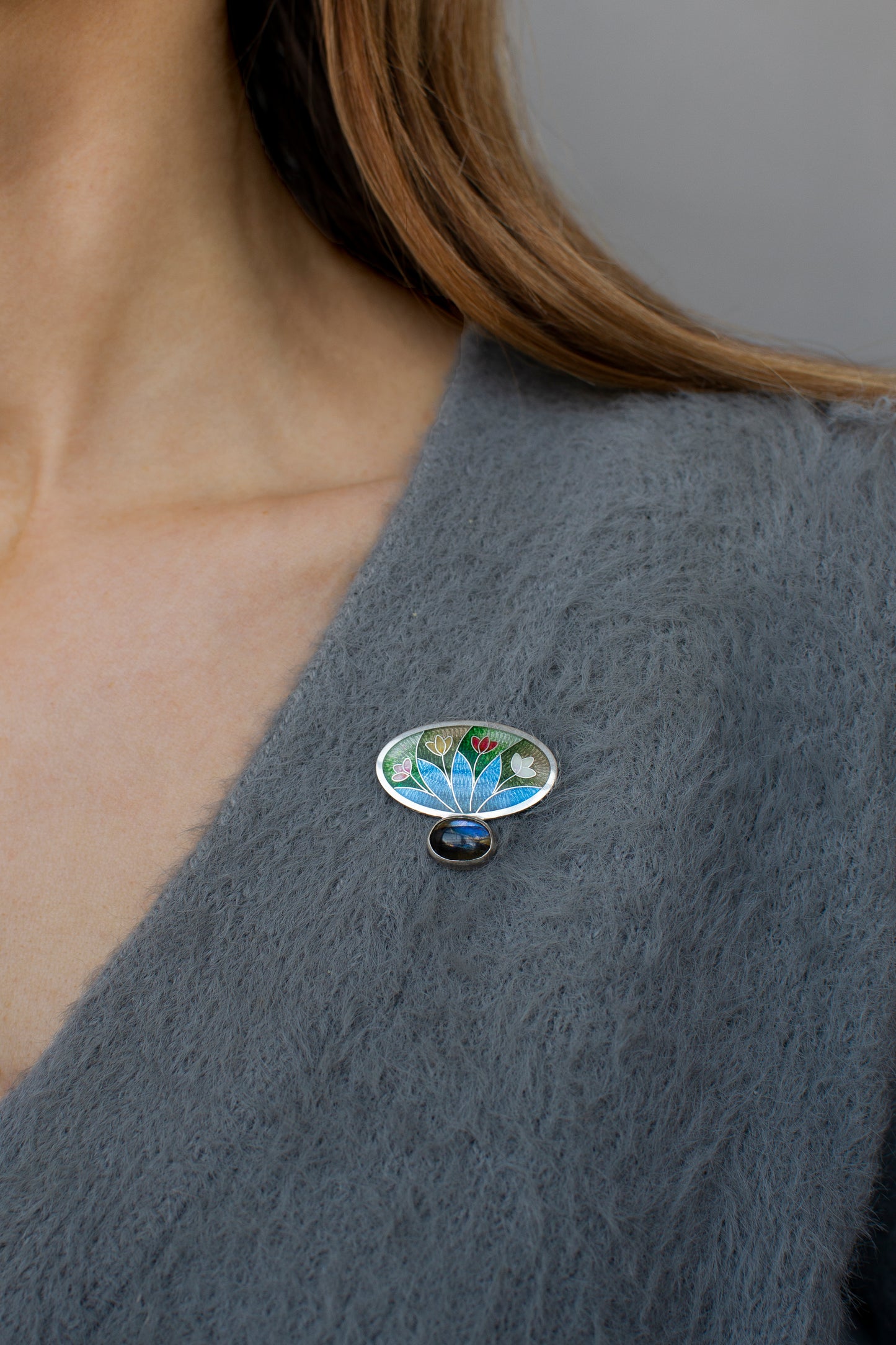 Enamel Brooch, Labradorite Brooch, Cloisonne Enamel And Sterling Silver Brooch
