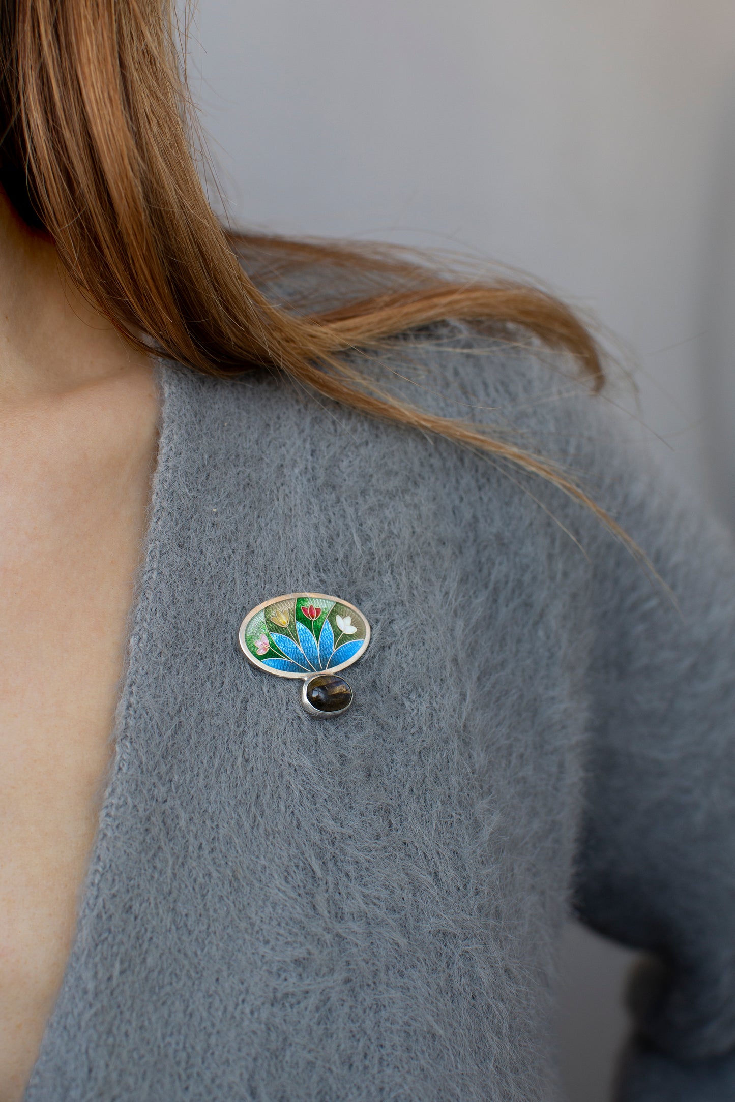 Enamel Brooch, Labradorite Brooch, Cloisonne Enamel And Sterling Silver Brooch