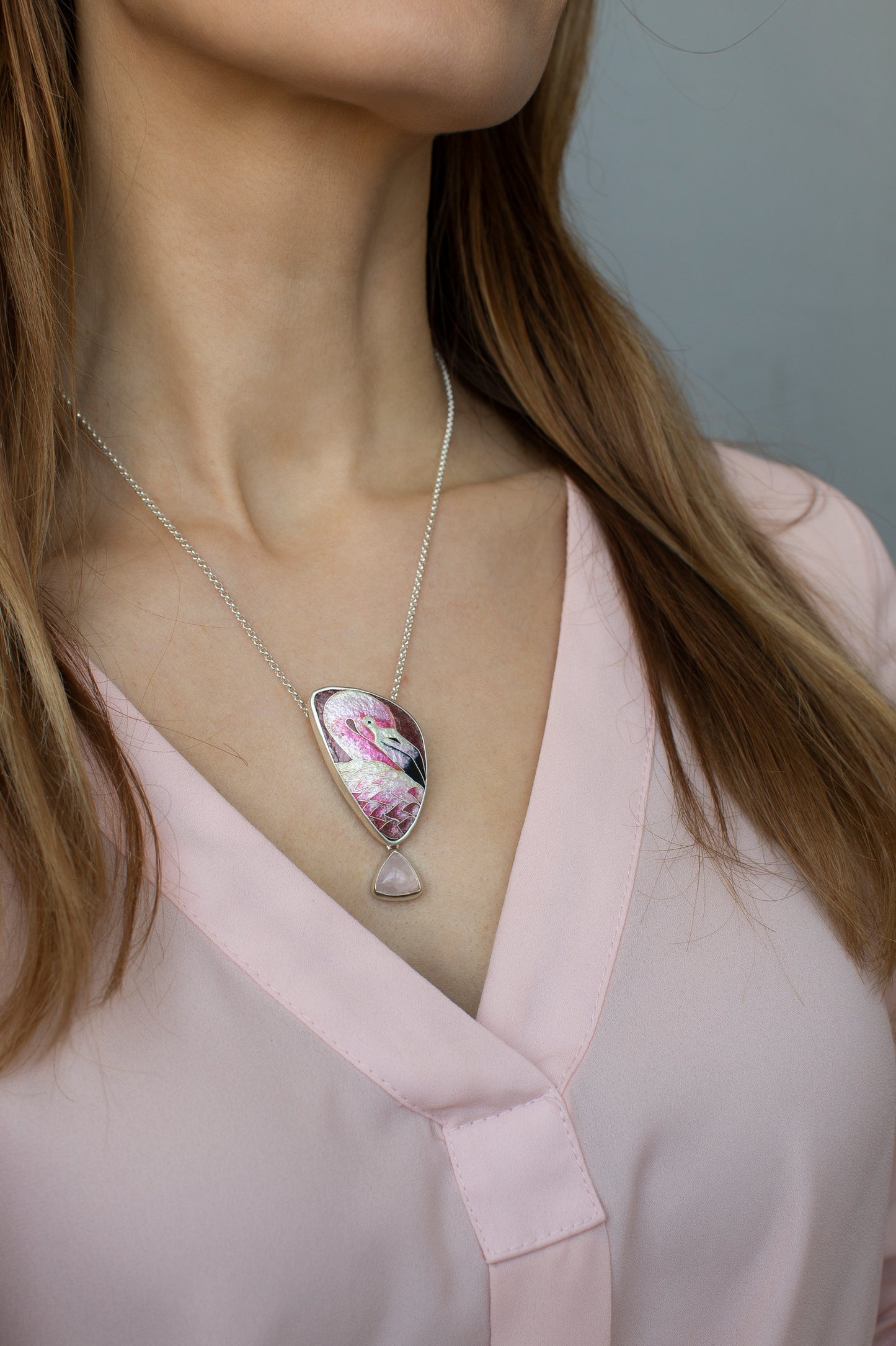 Flamingo Necklace With Rose Quartz, Cloisonne Enamel Pendant