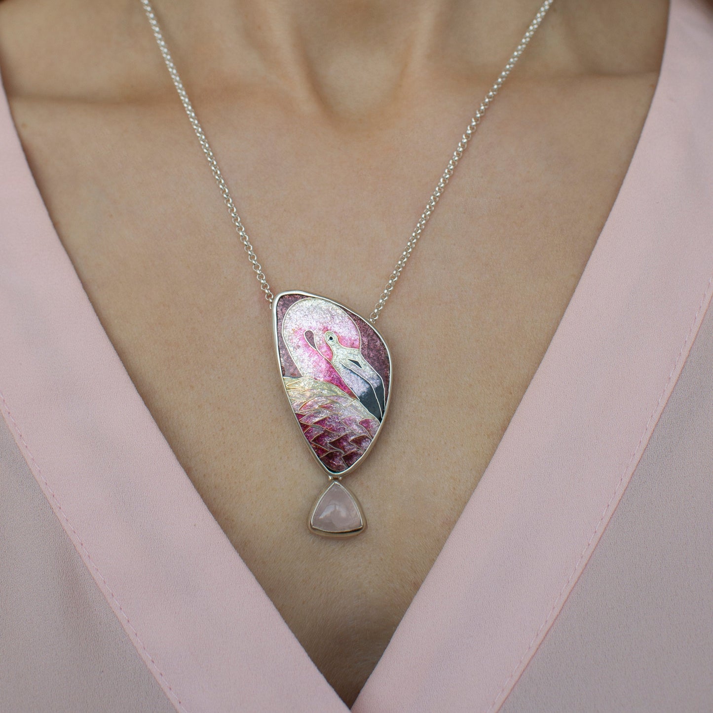 Flamingo Necklace With Rose Quartz, Cloisonne Enamel Pendant