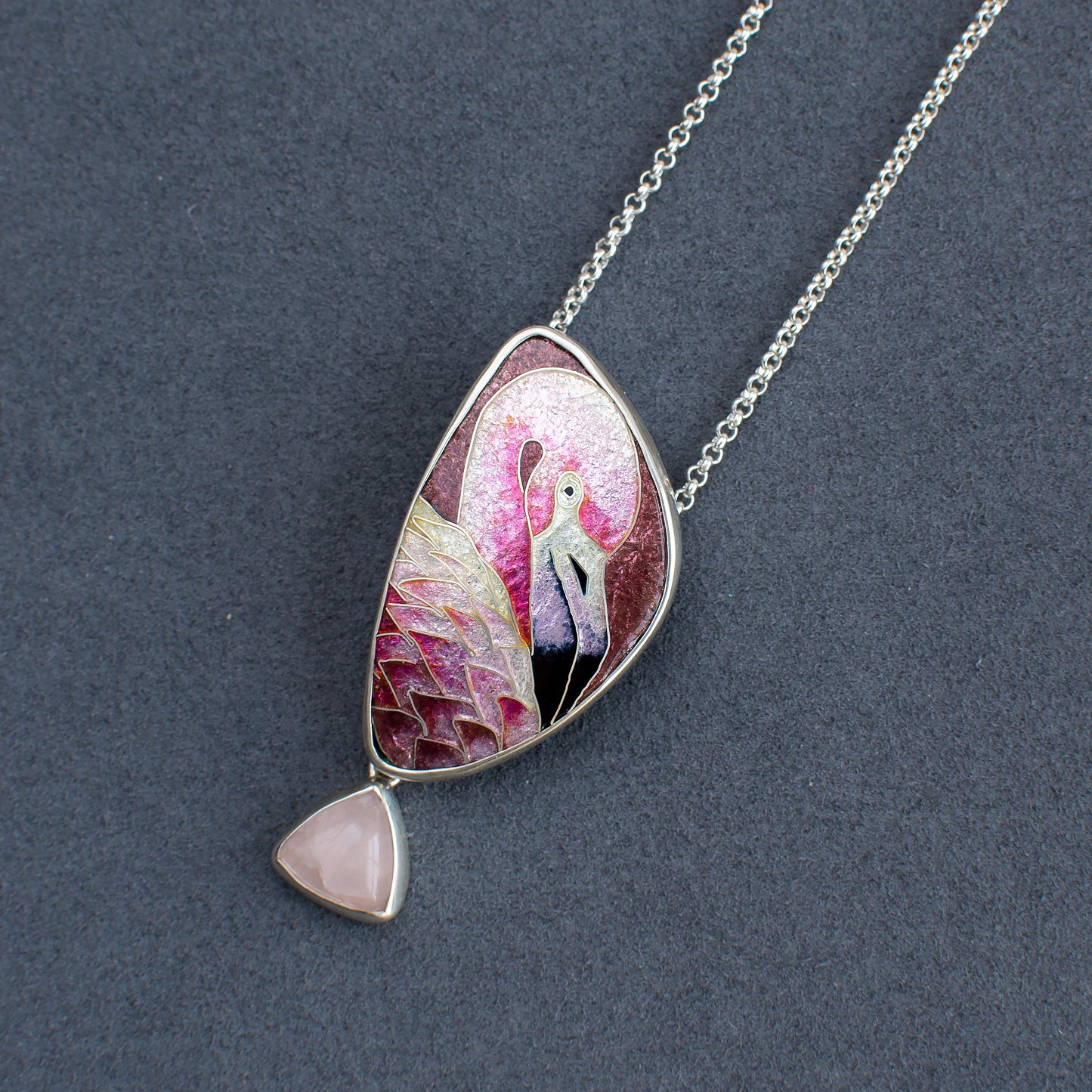 Flamingo Necklace With Rose Quartz, Cloisonne Enamel Pendant