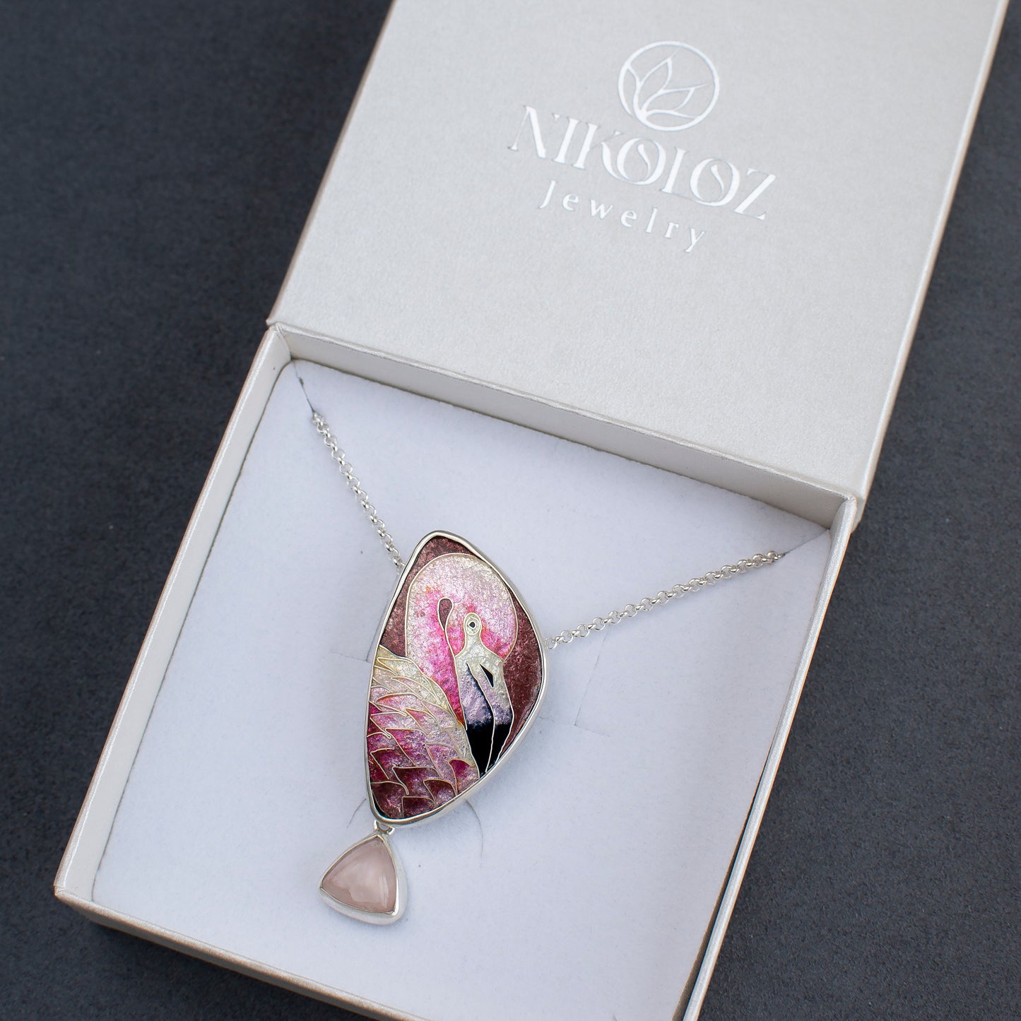 Flamingo Necklace With Rose Quartz, Cloisonne Enamel Pendant