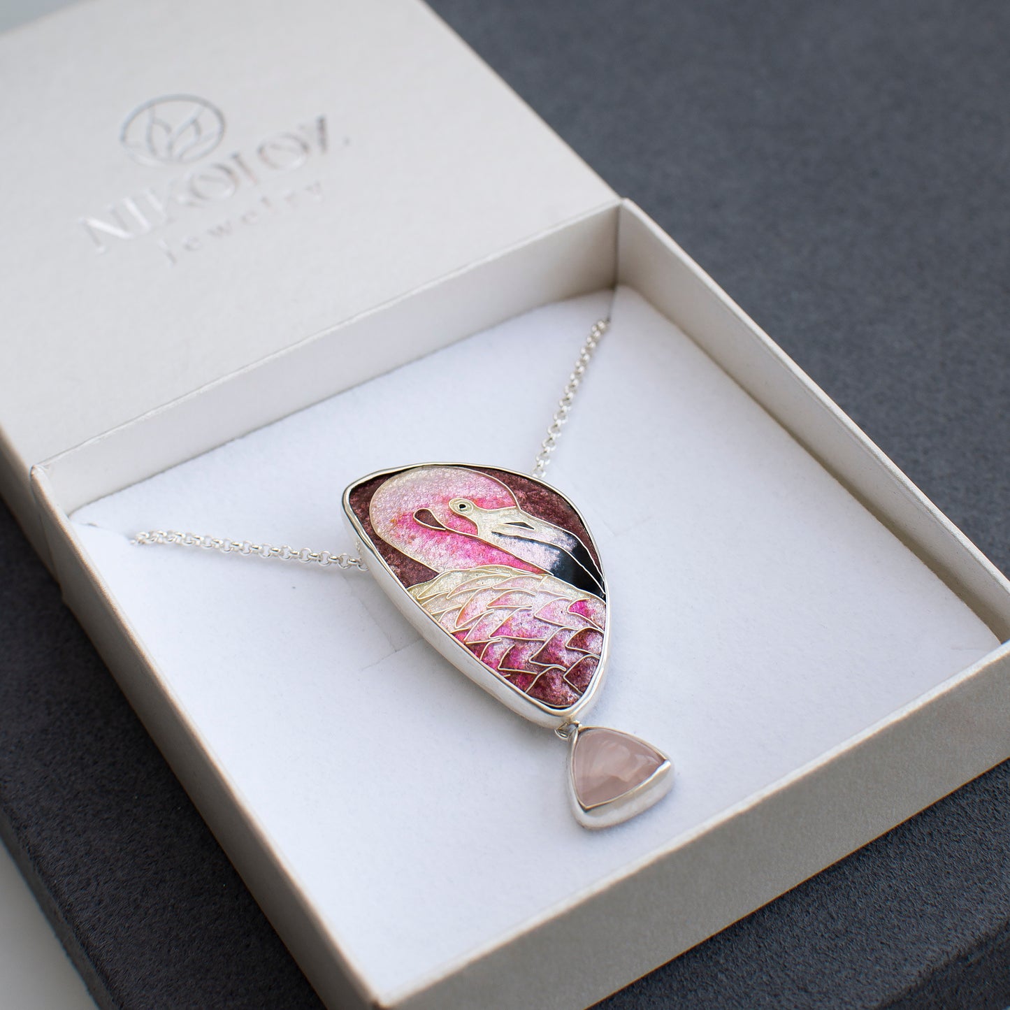 Flamingo Necklace With Rose Quartz, Cloisonne Enamel Pendant