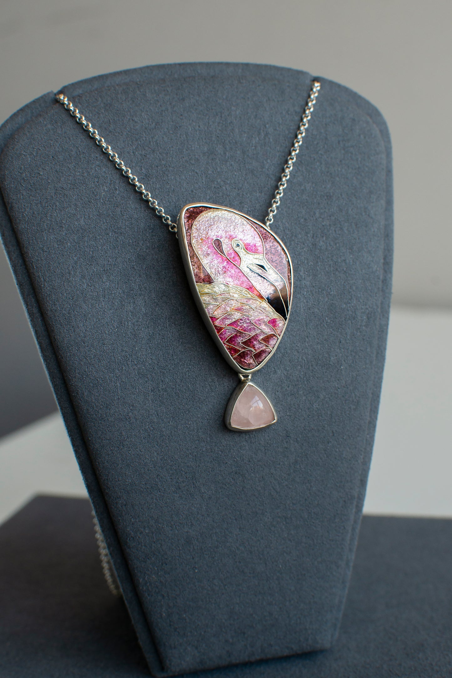 Flamingo Necklace With Rose Quartz, Cloisonne Enamel Pendant