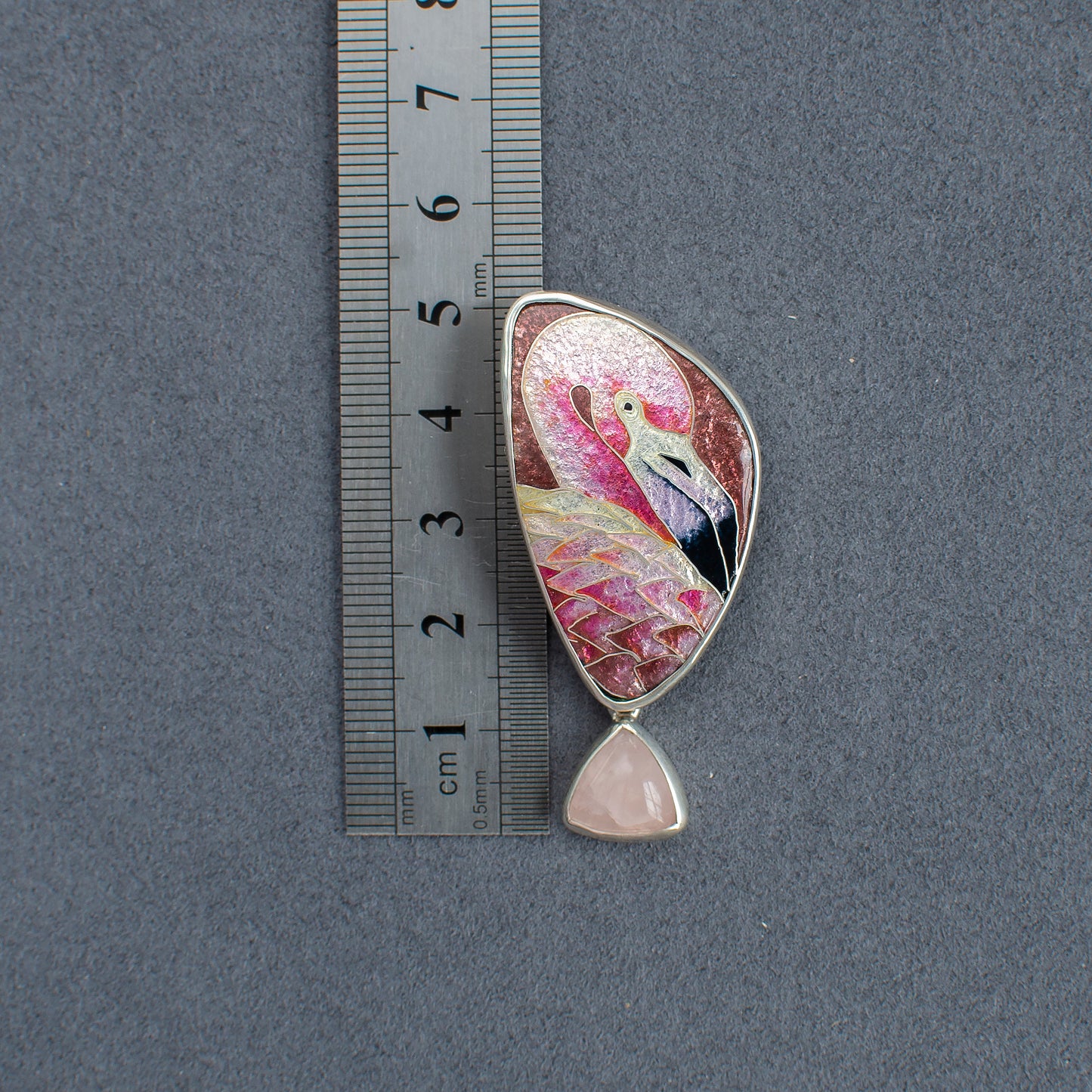 Flamingo Necklace With Rose Quartz, Cloisonne Enamel Pendant