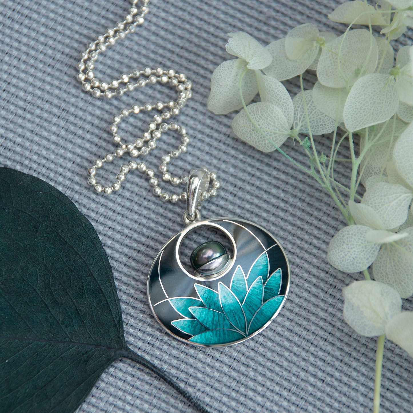 Cloisonne Enamel Silver Pendant, Black Turquoise Water Lily Necklace