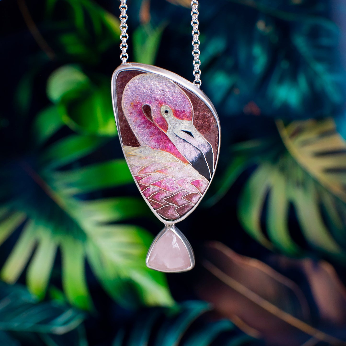 Flamingo Necklace With Rose Quartz, Cloisonne Enamel Pendant