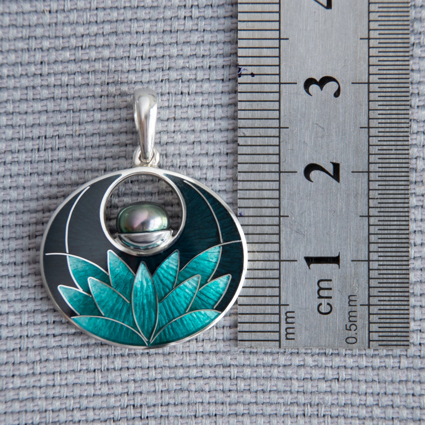 Cloisonne Enamel Silver Pendant, Black Turquoise Water Lily Necklace