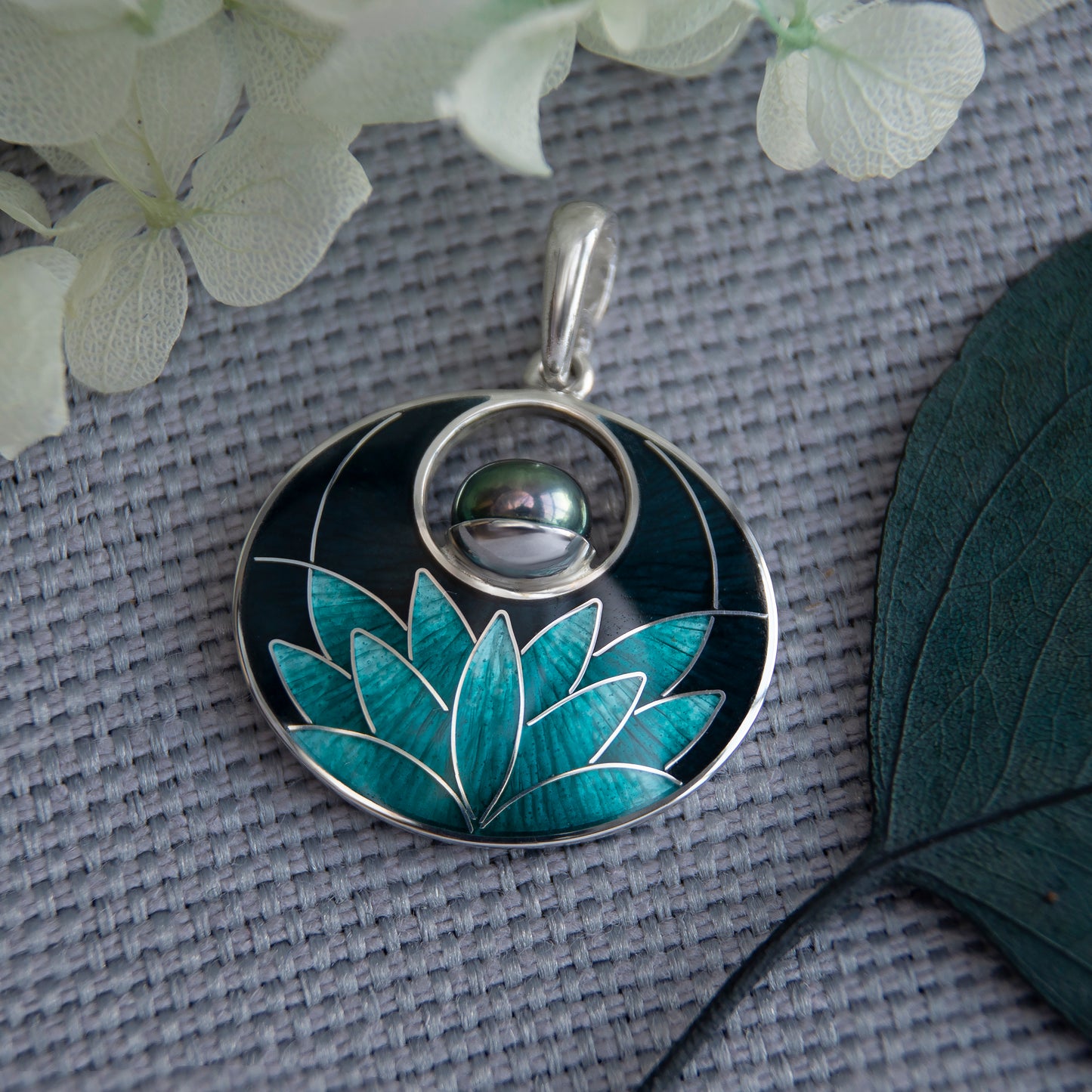 Cloisonne Enamel Silver Pendant, Black Turquoise Water Lily Necklace