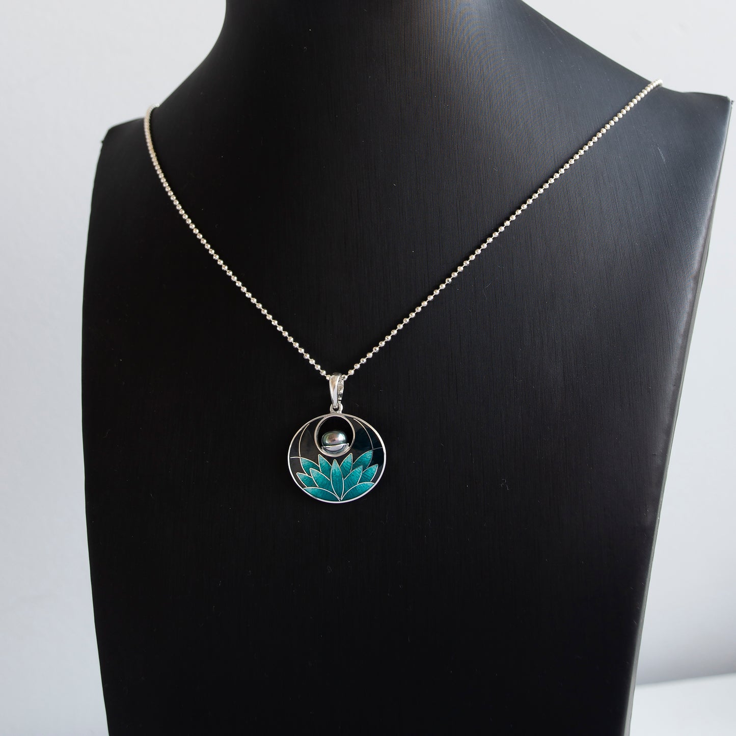 Cloisonne Enamel Silver Pendant, Black Turquoise Water Lily Necklace