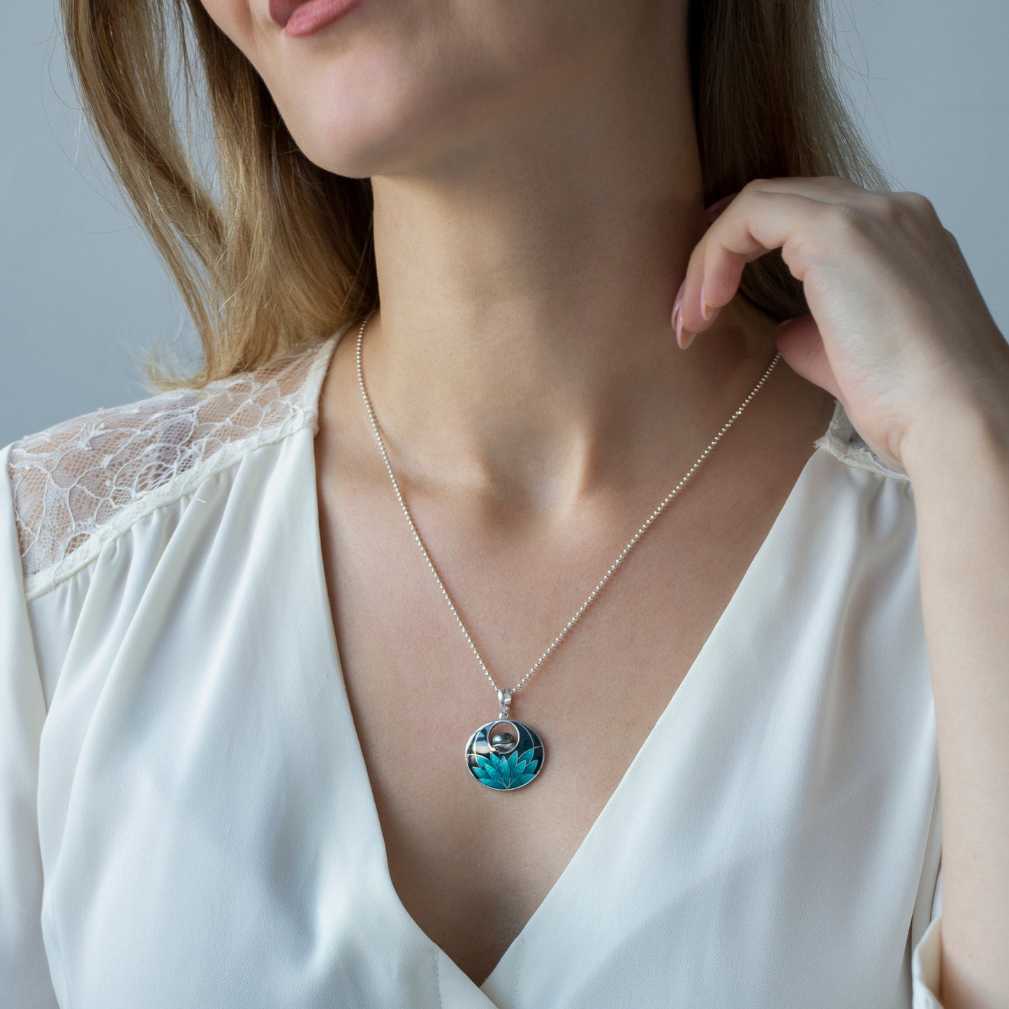 Cloisonne Enamel Silver Pendant, Black Turquoise Water Lily Necklace