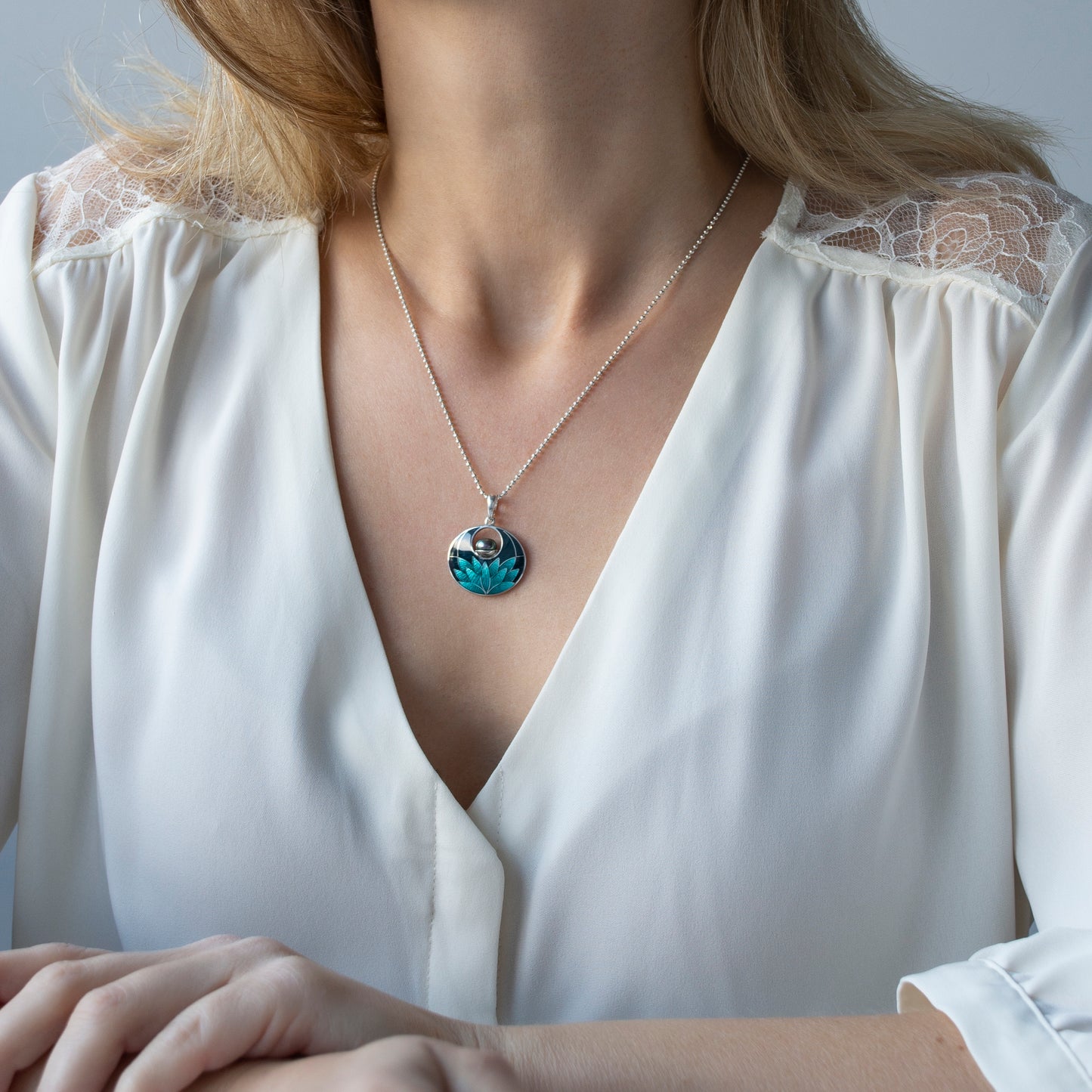 Cloisonne Enamel Silver Pendant, Black Turquoise Water Lily Necklace