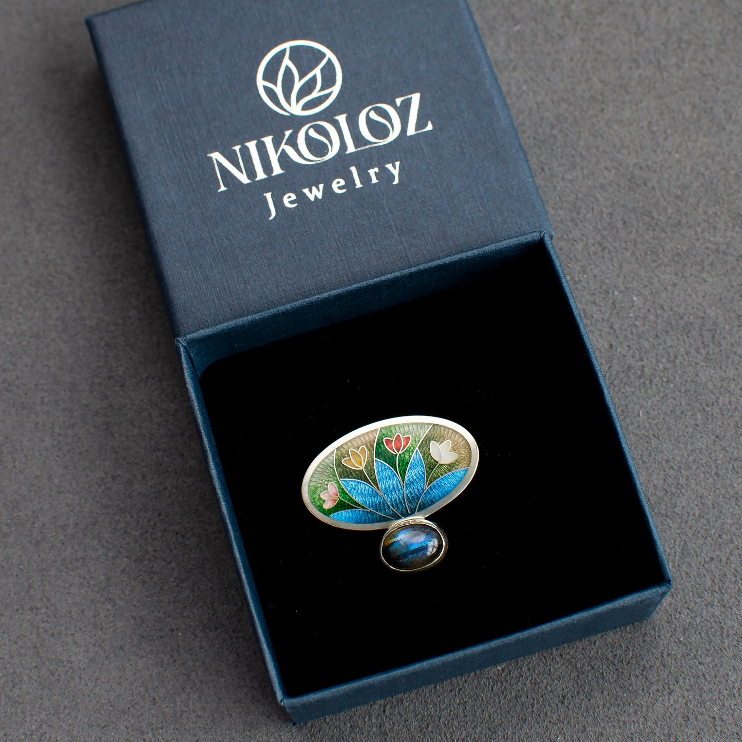 Enamel Brooch, Labradorite Brooch, Cloisonne Enamel And Sterling Silver Brooch