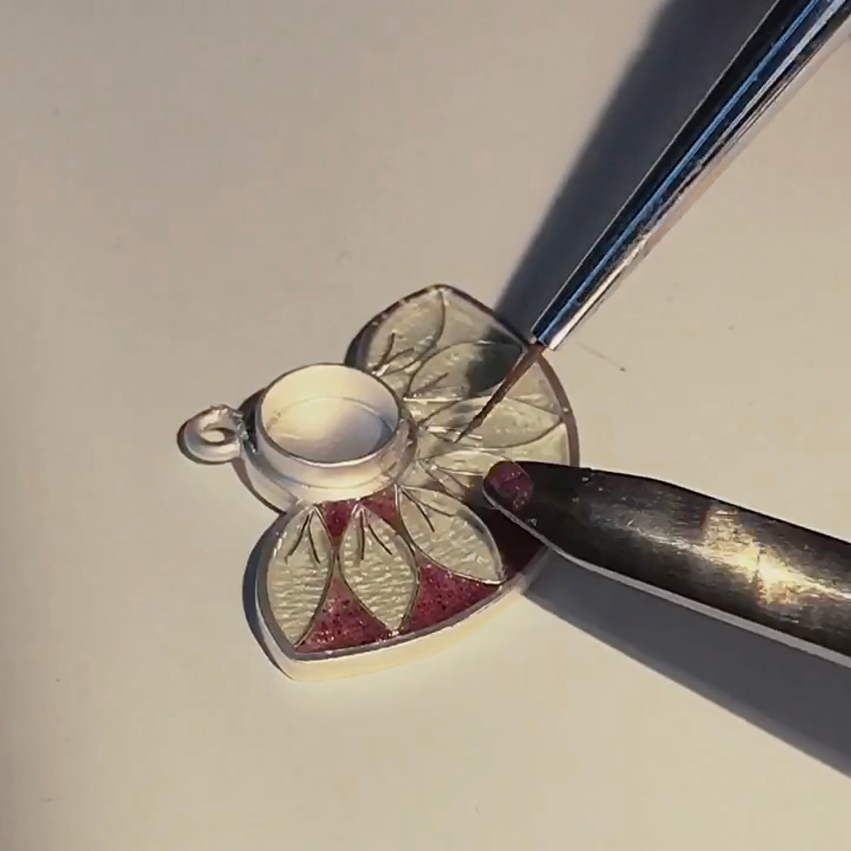 Red Leaves Semicircle Cloisonné Enamel Pendant With Garnet Stone