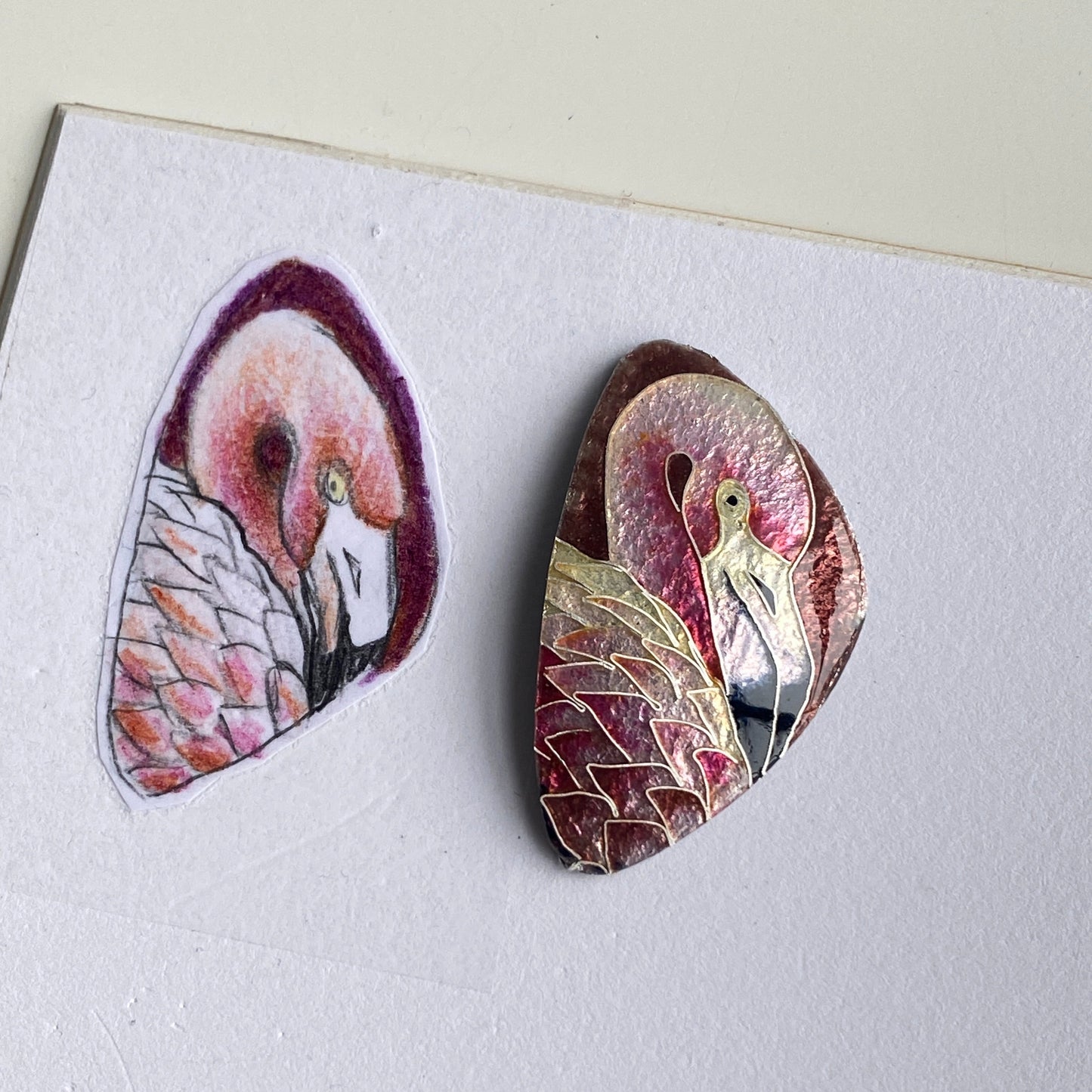 Flamingo Necklace With Rose Quartz, Cloisonne Enamel Pendant