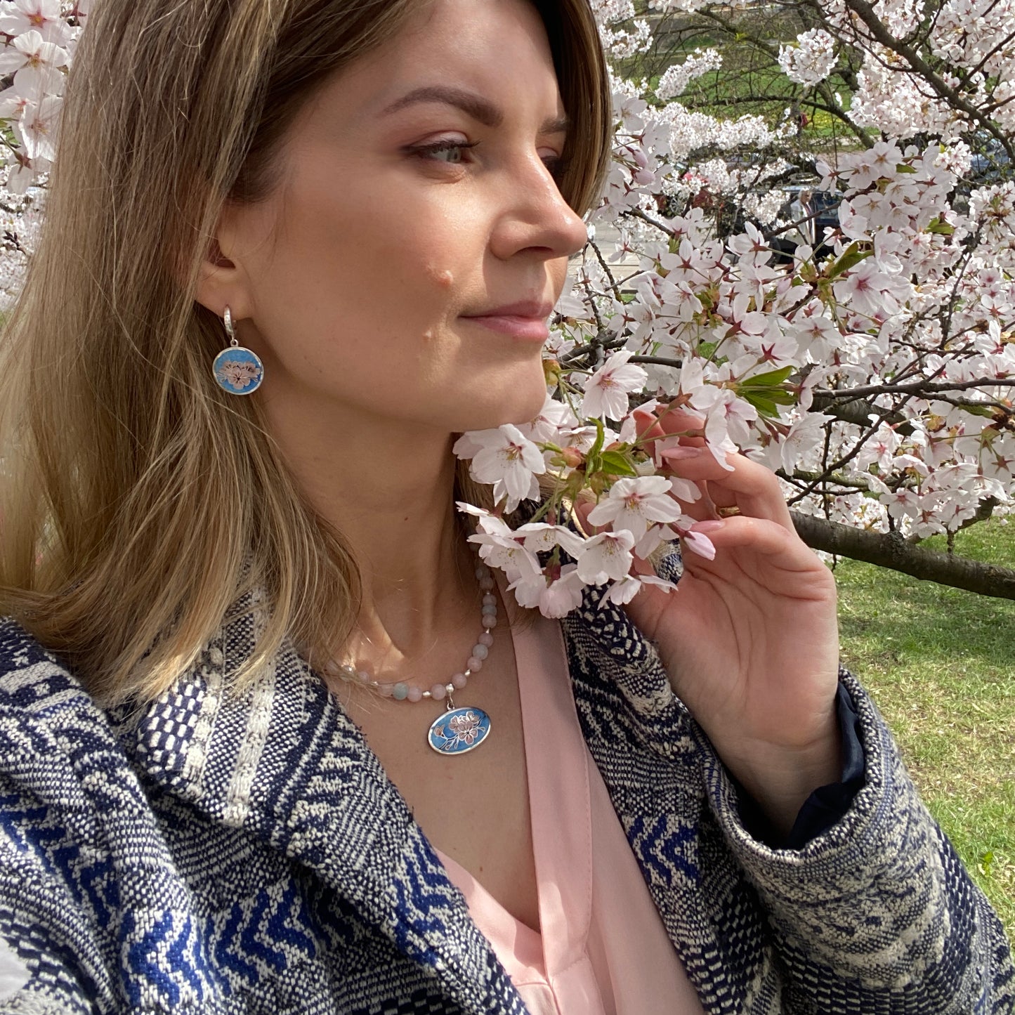 "Sakura" Cloisonne Enamel Necklace And Earrings Jewelry Set