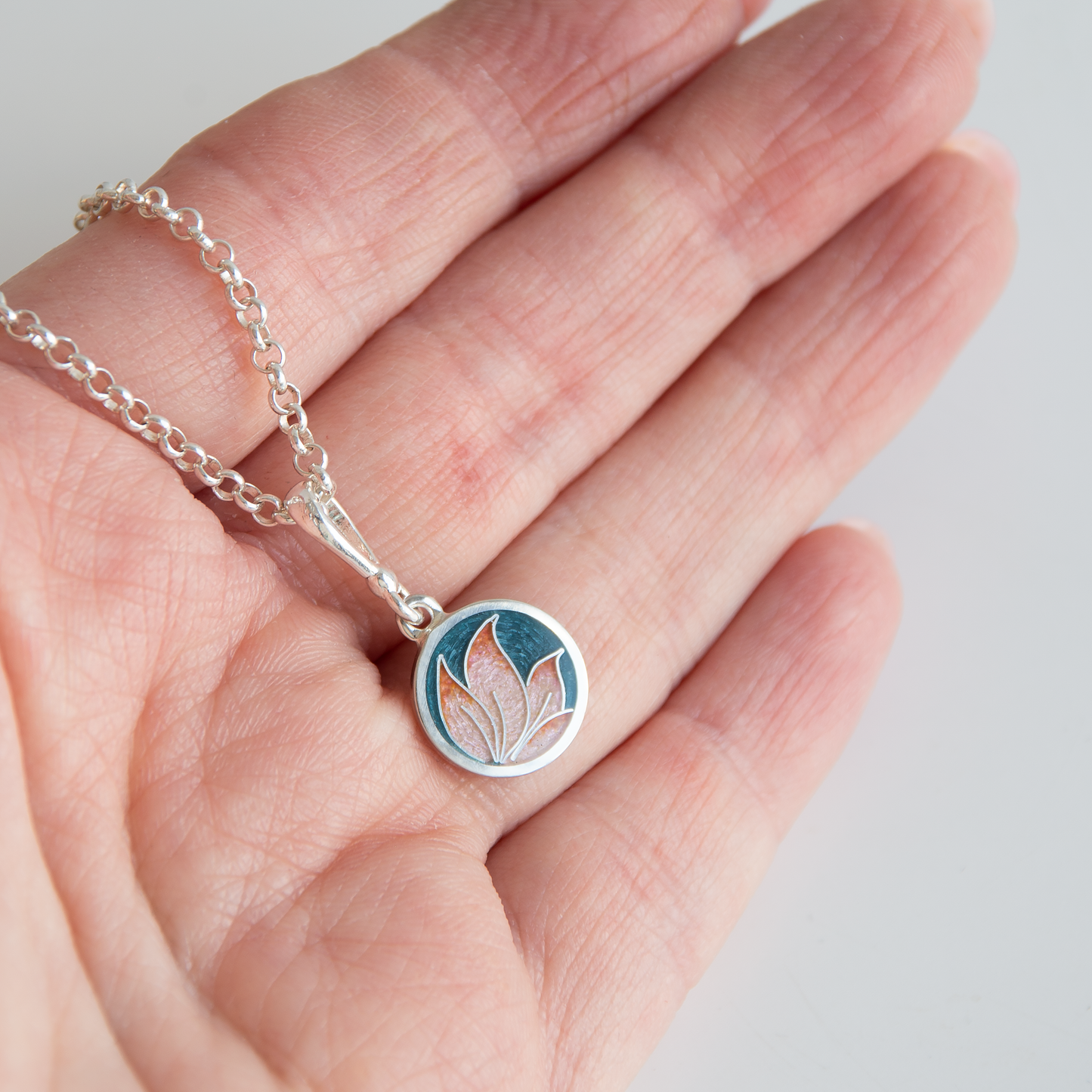 Round Rose Grey Cloisonné Enamel Necklace-Pendant