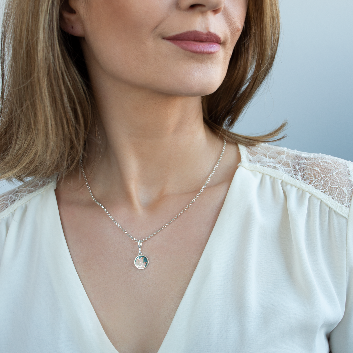 Round Rose Grey Cloisonné Enamel Necklace-Pendant
