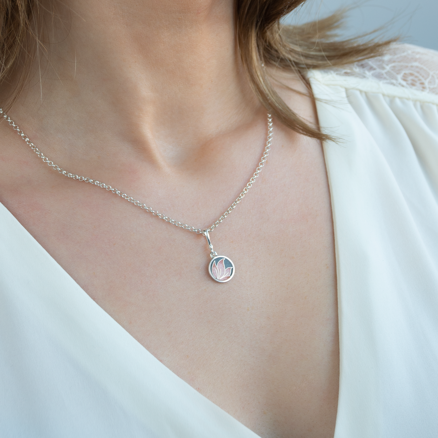 Round Rose Grey Cloisonné Enamel Necklace-Pendant