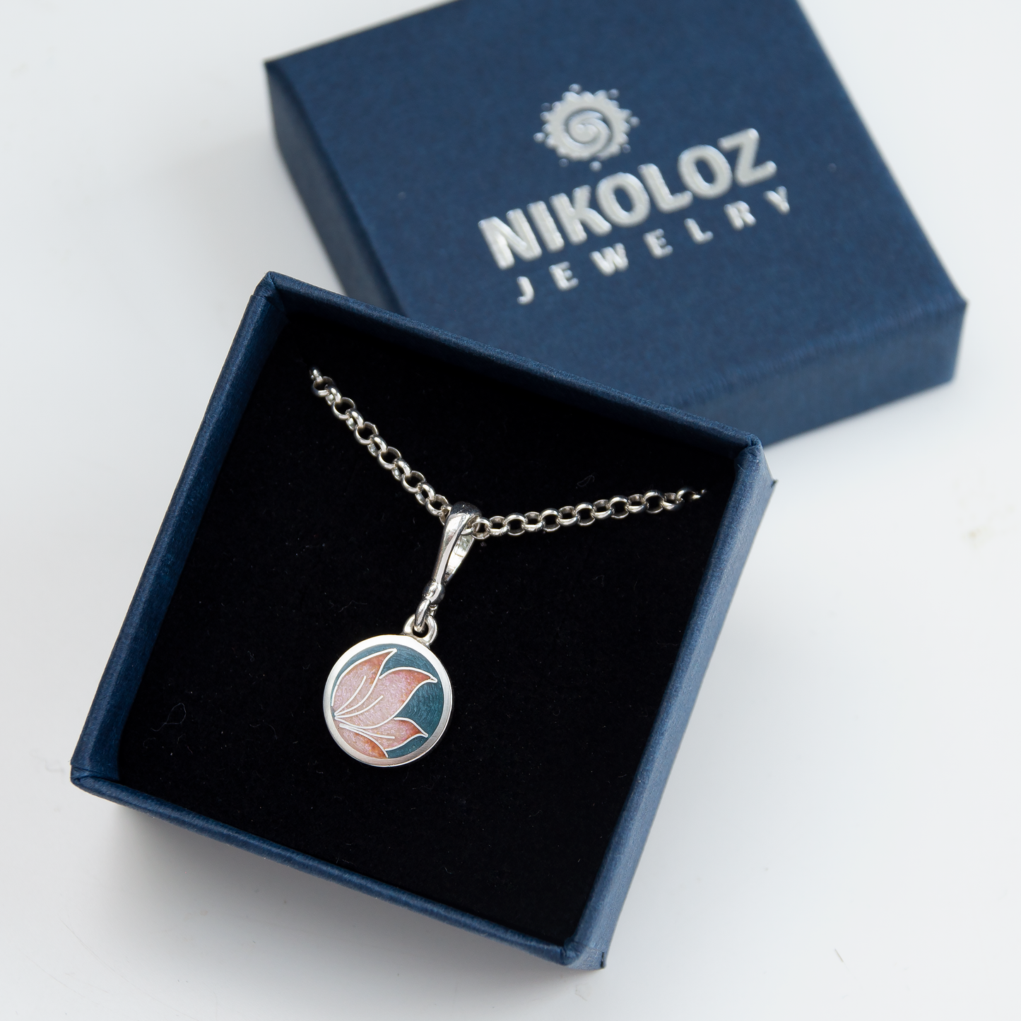 Round Rose Grey Cloisonné Enamel Necklace-Pendant