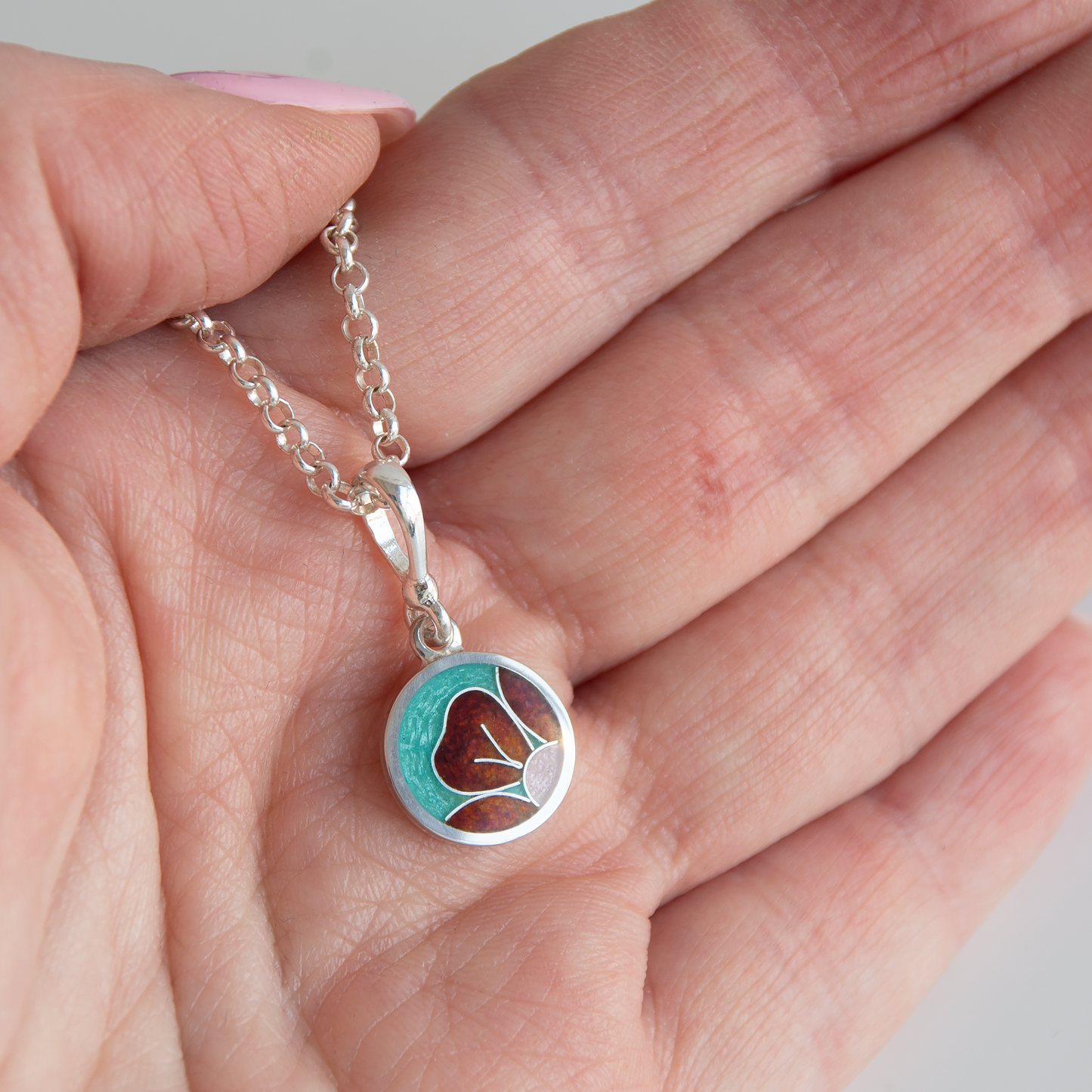 Round Small Enamel Necklace With Red Flower