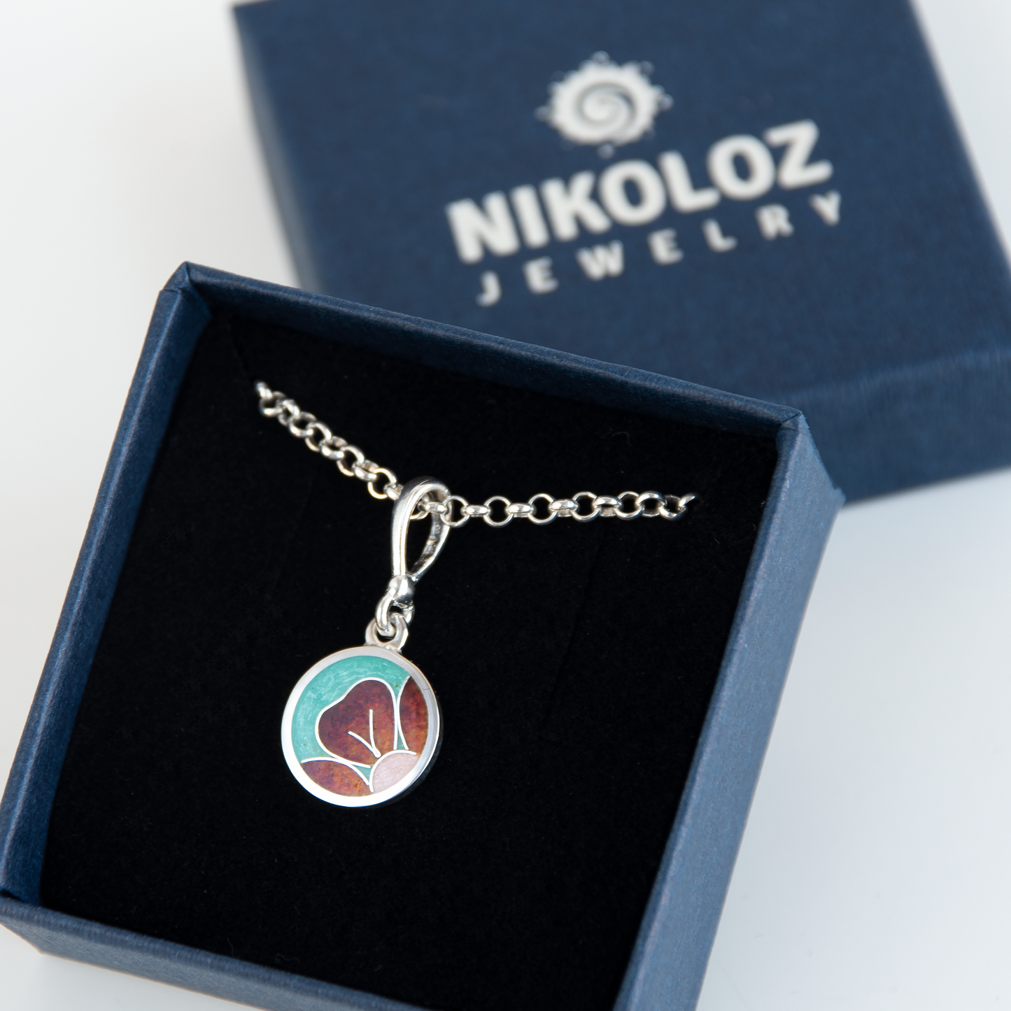 Round Small Enamel Necklace With Red Flower