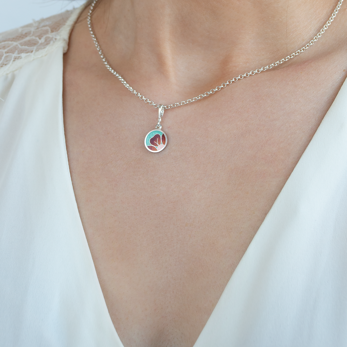 Round Small Enamel Necklace With Red Flower