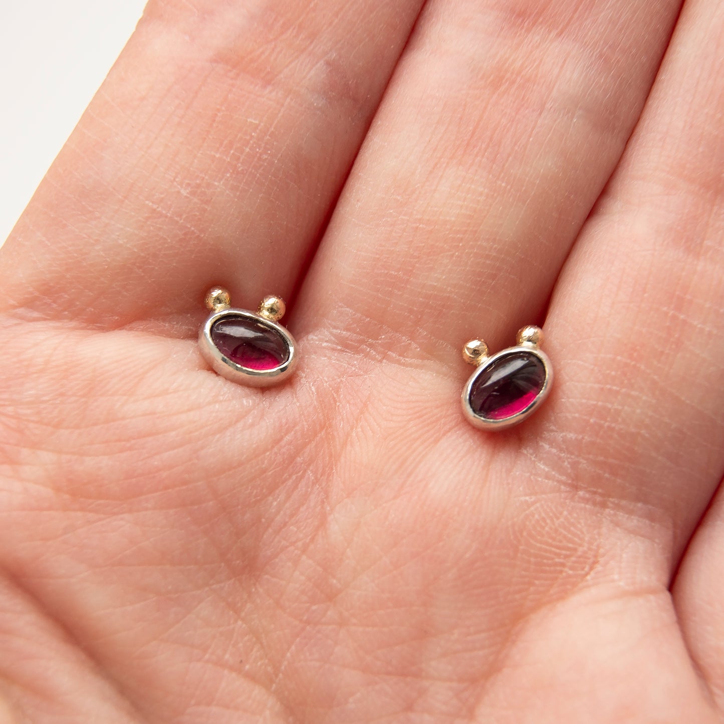 Garnet Studs With 2 Gold Beads