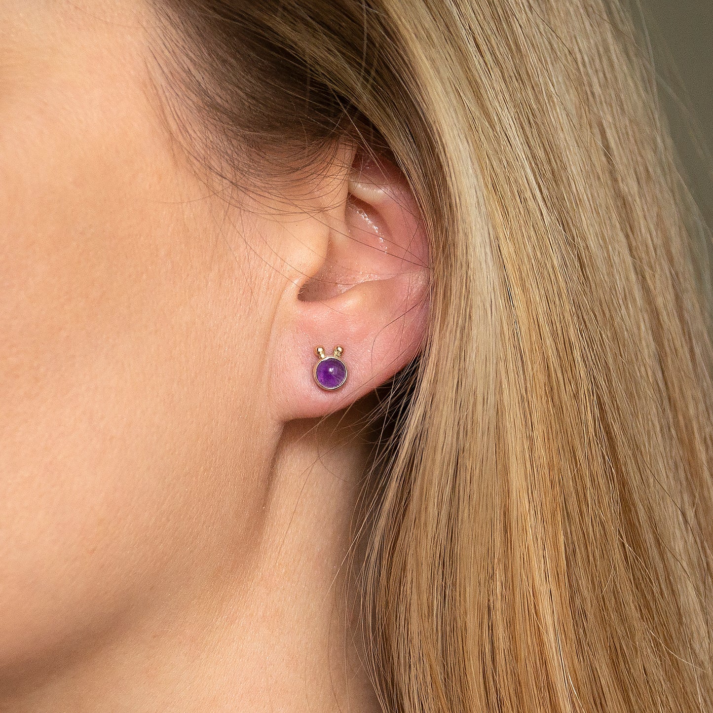 Amethyst Studs With 2 Gold Beads