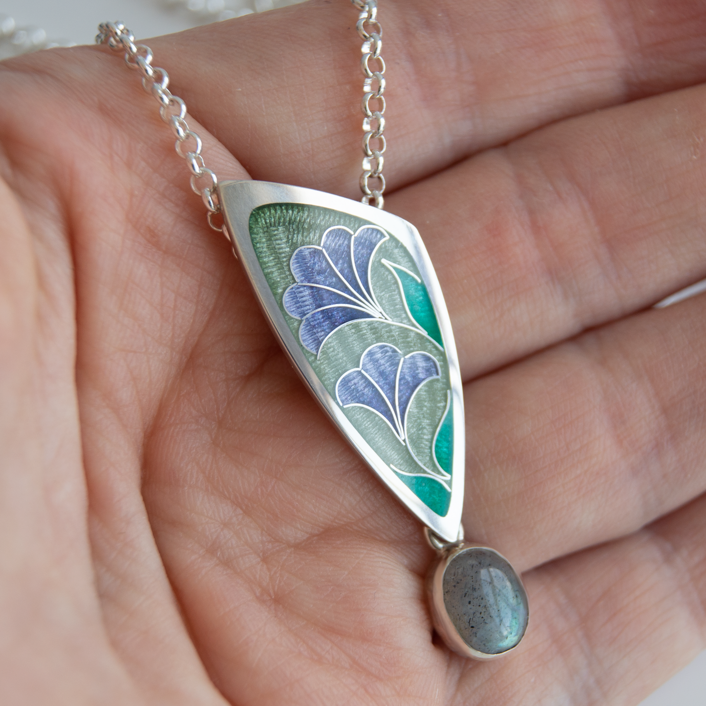 Triangle Labradorite Stone, Cloisonné  Enamel Pendant "Lavenders"