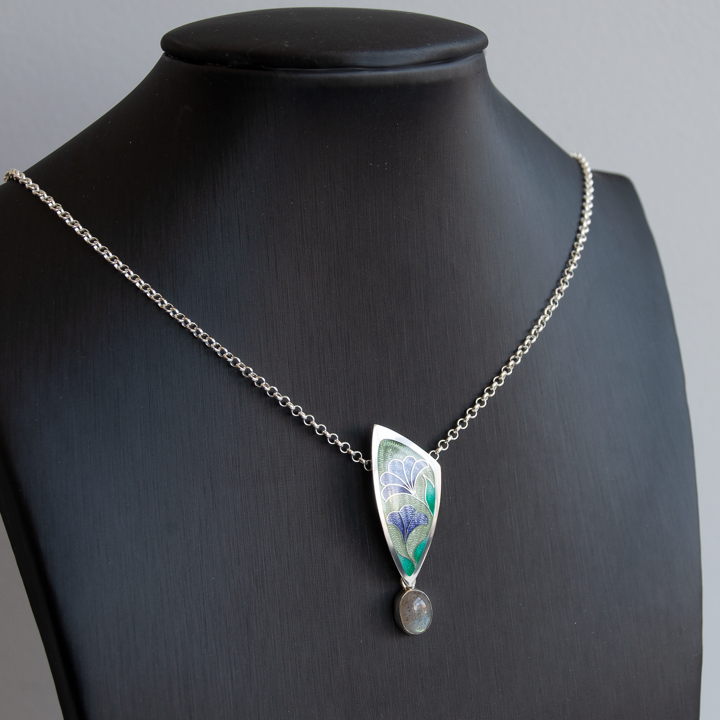 Triangle Labradorite Stone, Cloisonné  Enamel Pendant "Lavenders"