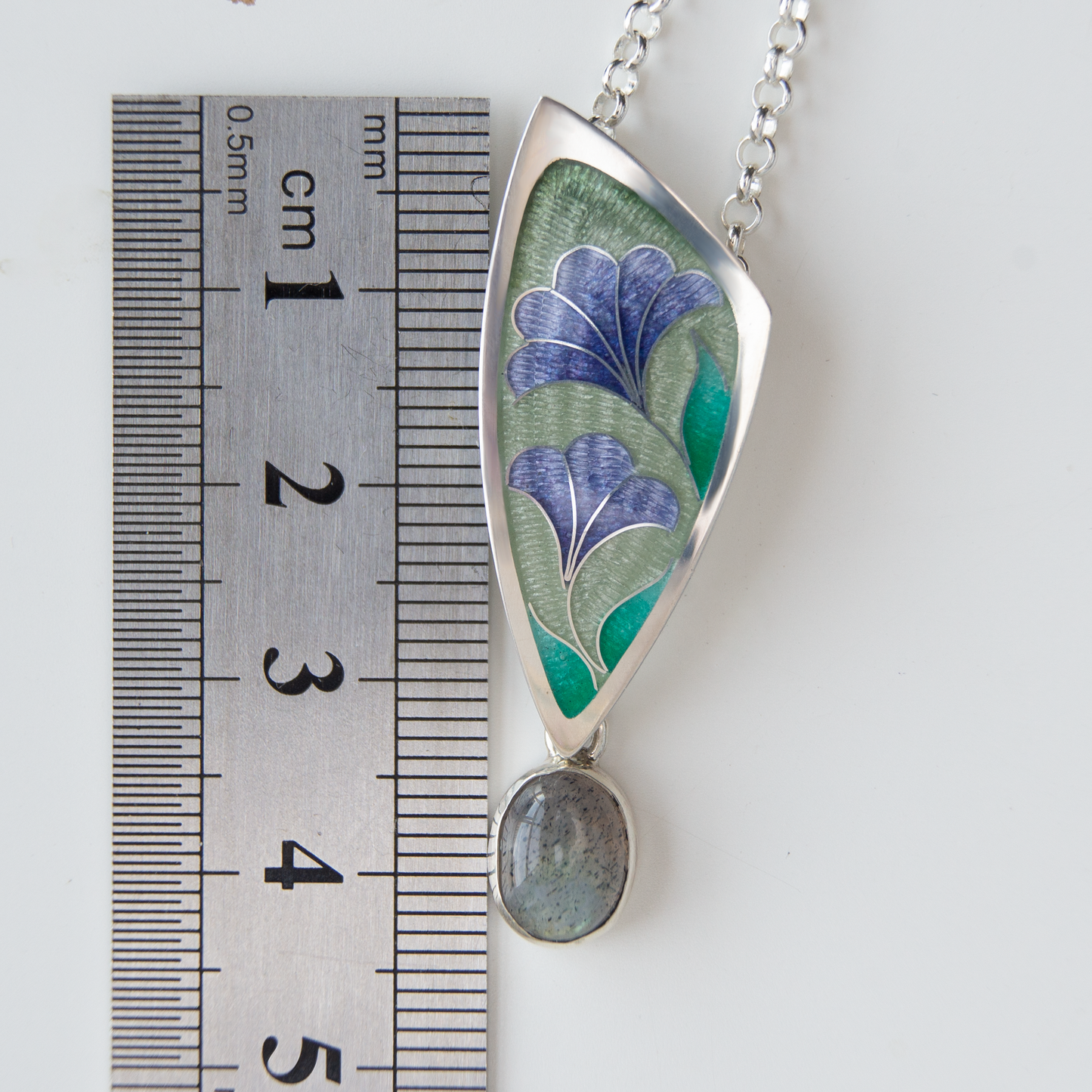 Triangle Labradorite Stone, Cloisonné  Enamel Pendant "Lavenders"