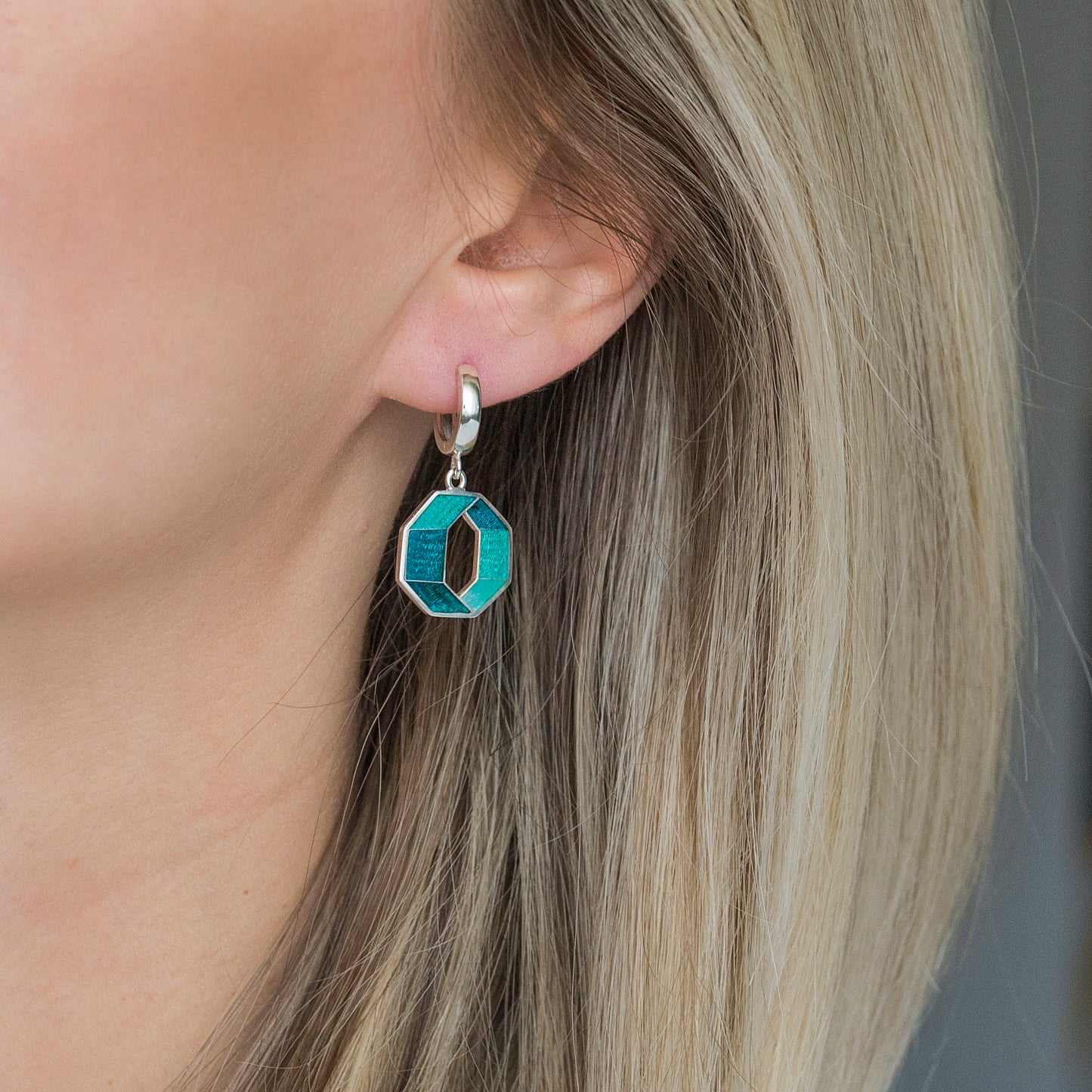 Emerald Turquoise, Octagon, Cloisonné Enamel  Earrings