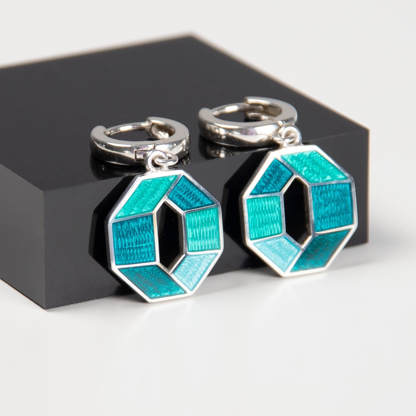 Emerald Turquoise, Octagon, Cloisonné Enamel  Earrings