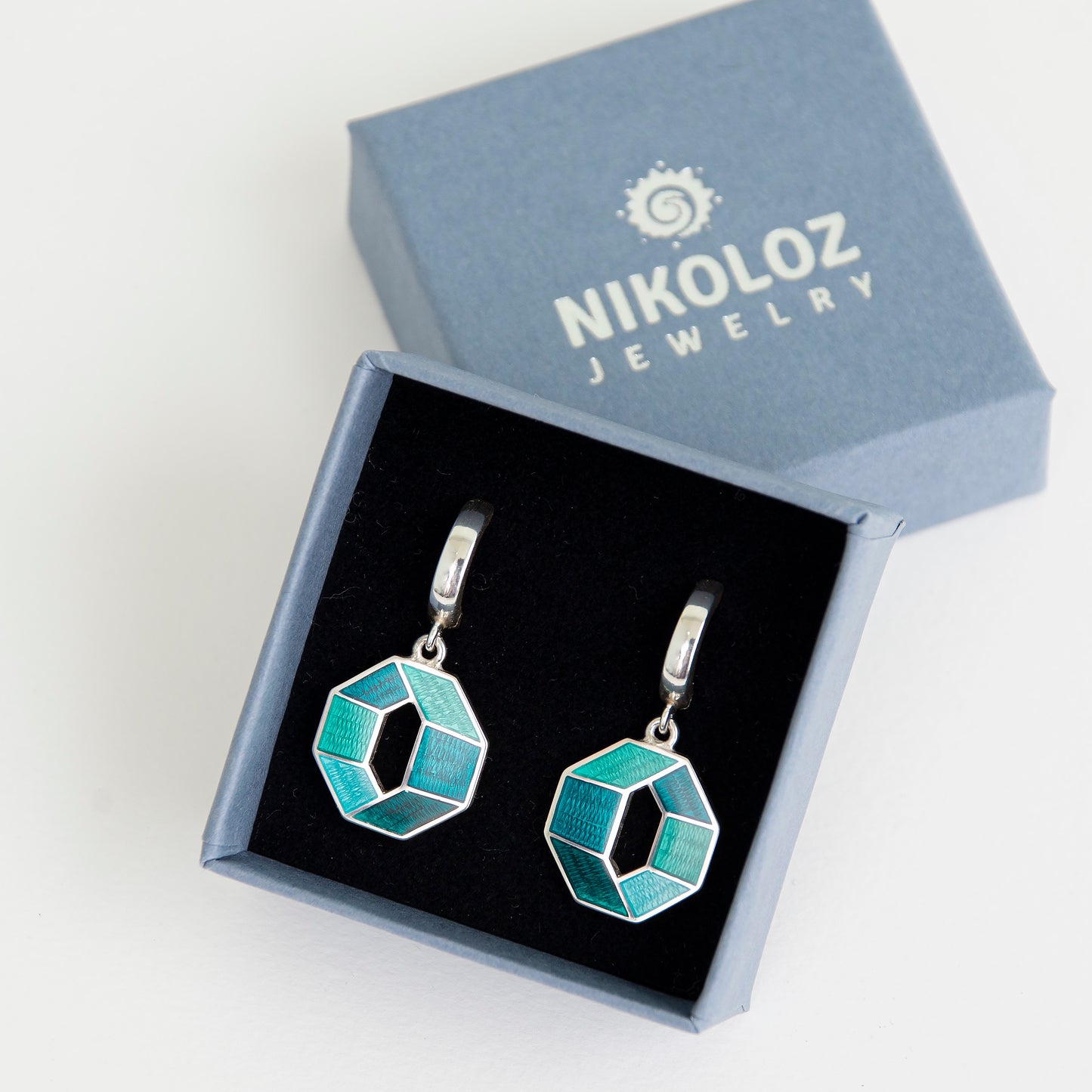 Emerald Turquoise, Octagon, Cloisonné Enamel  Earrings