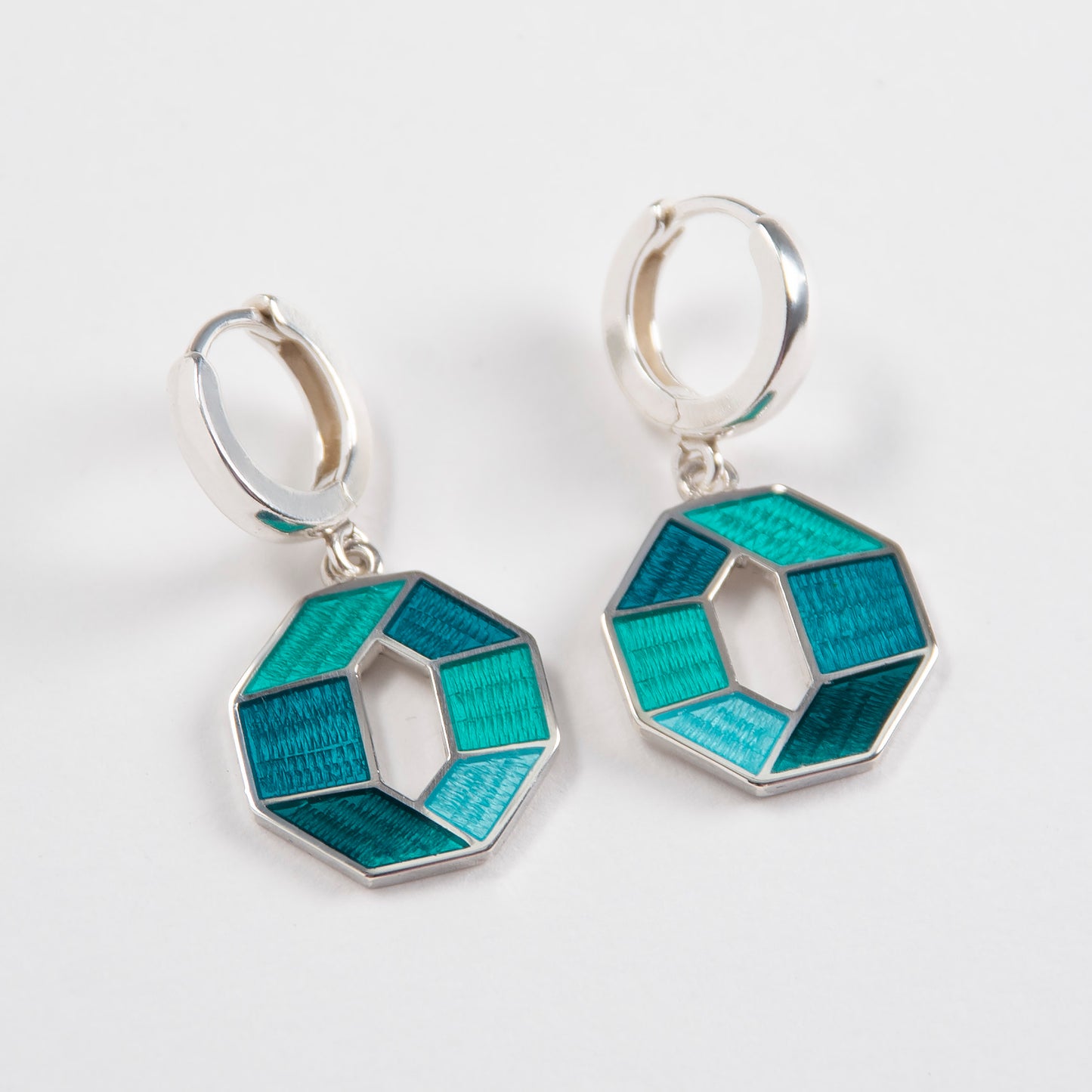 Emerald Turquoise, Octagon, Cloisonné Enamel  Earrings