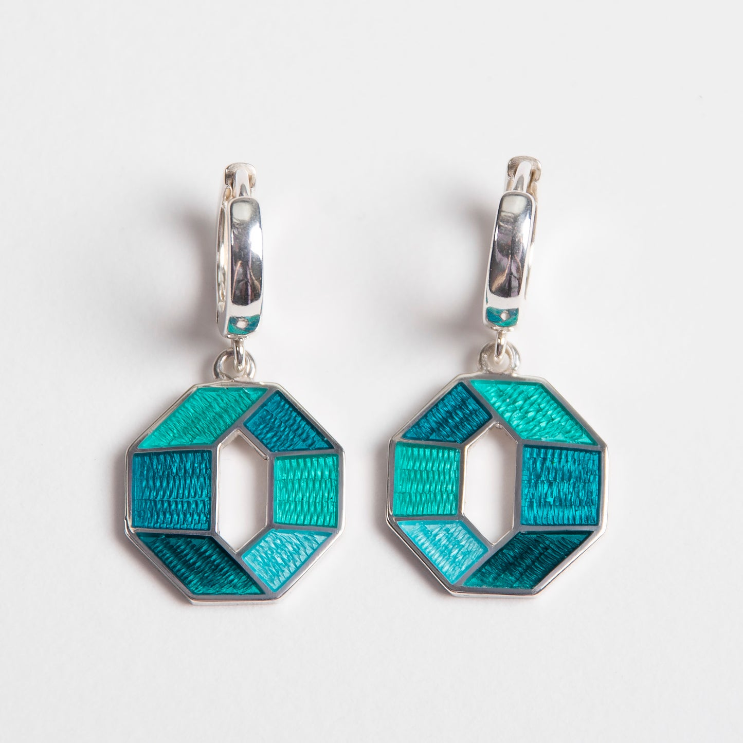 Emerald Turquoise, Octagon, Cloisonné Enamel  Earrings