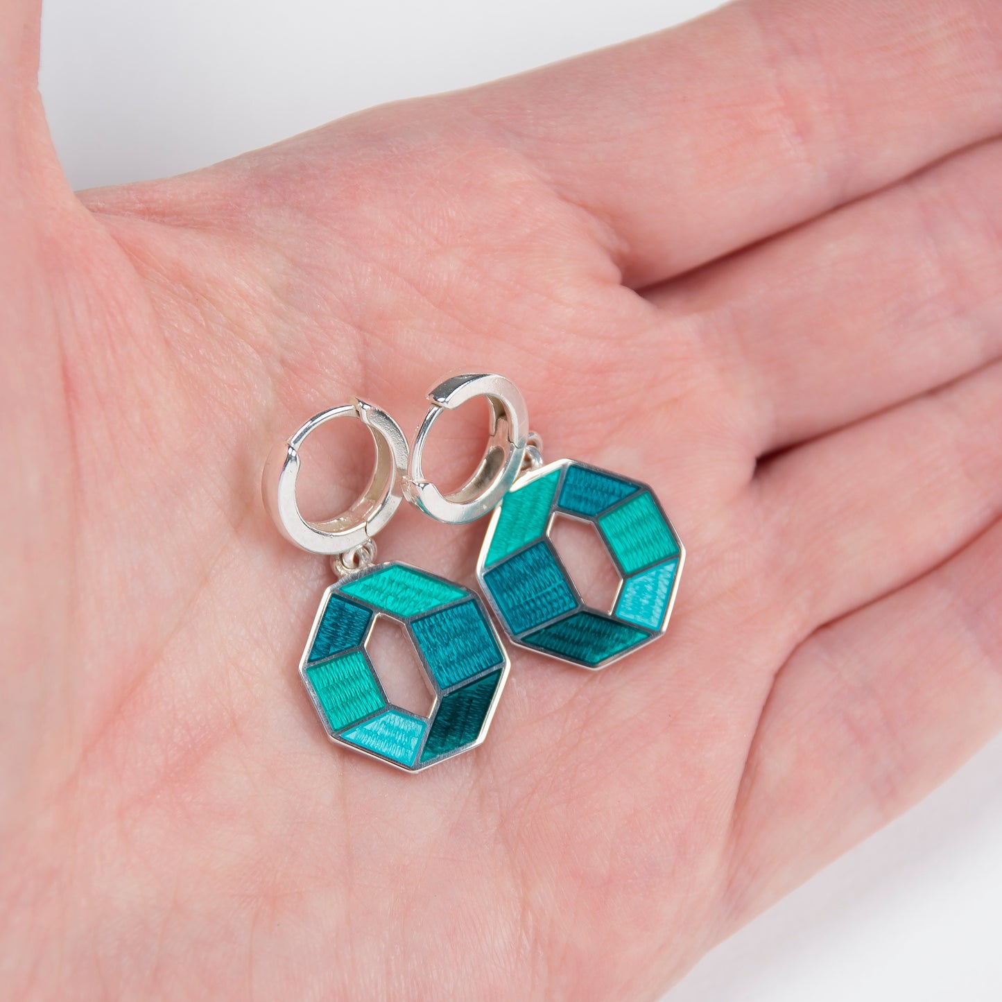 Emerald Turquoise, Octagon, Cloisonné Enamel  Earrings