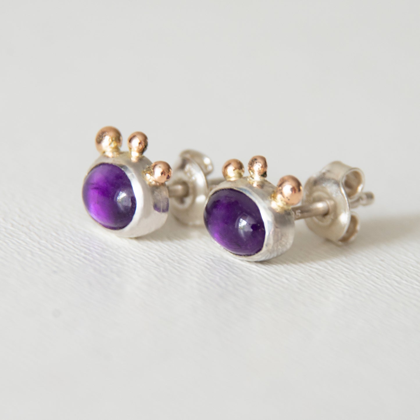 Amethyst Studs With 3 Gold Beads