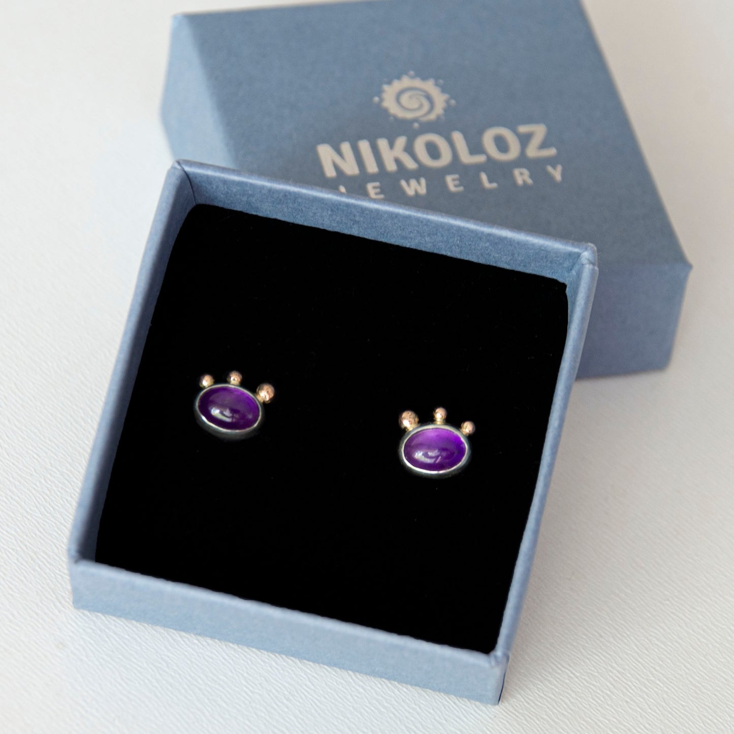 Amethyst Studs With 3 Gold Beads