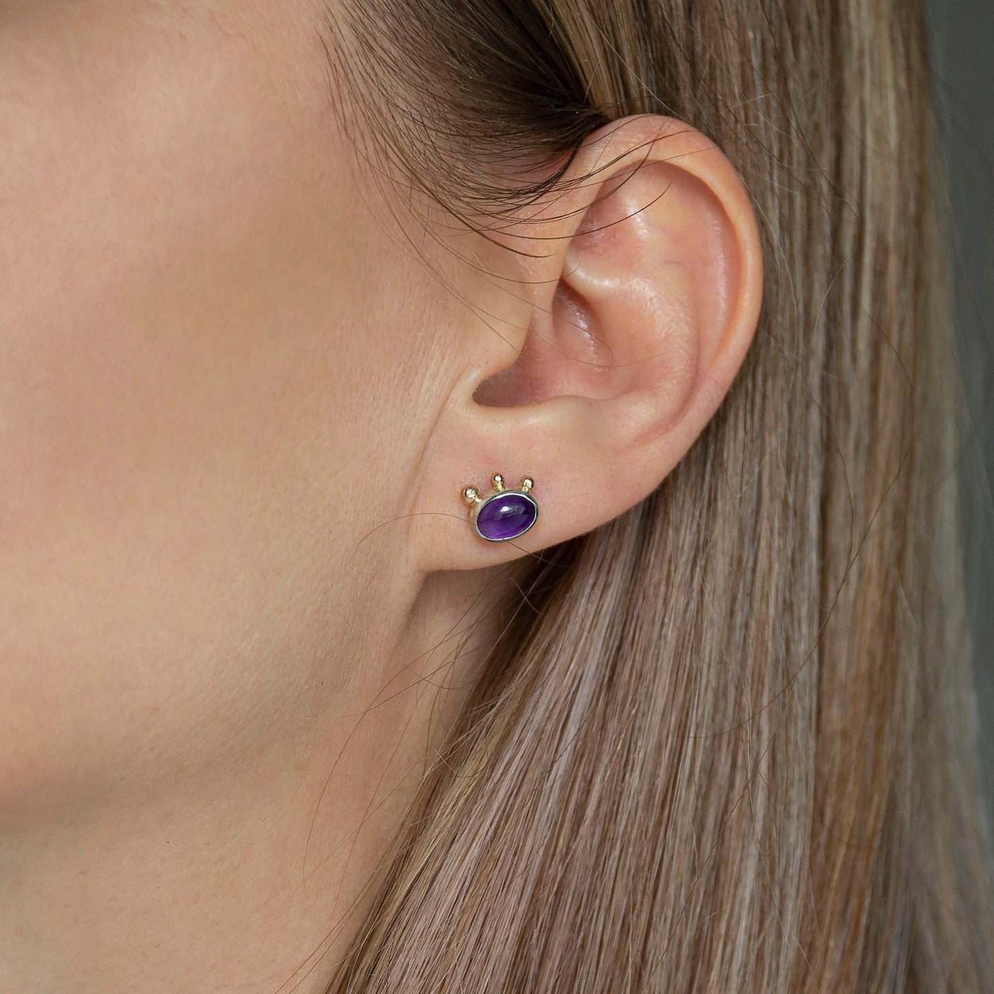 Amethyst Studs With 3 Gold Beads