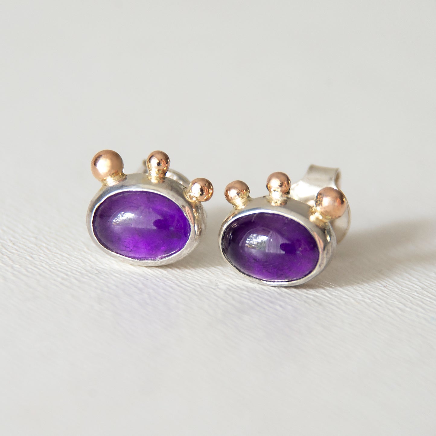 Amethyst Studs With 3 Gold Beads