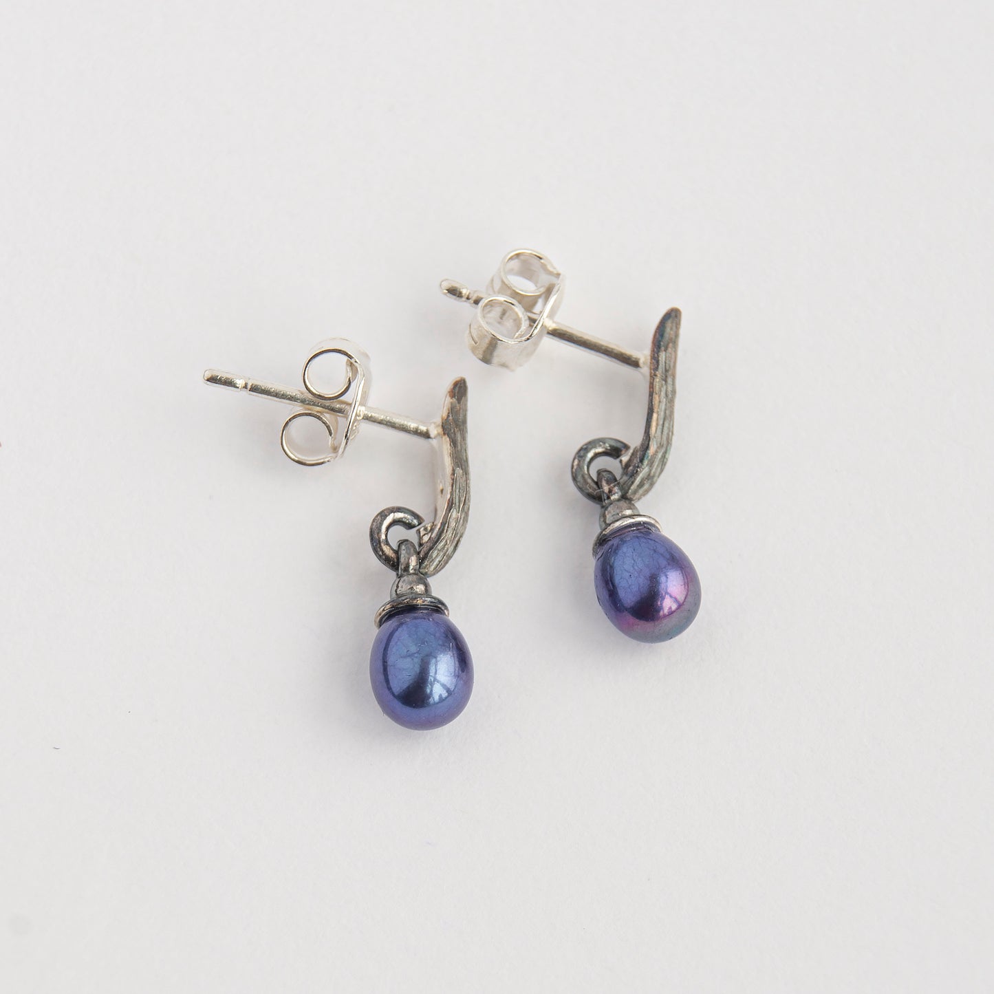 Silver Drop Rectangle Earrings With Peacock Pearls