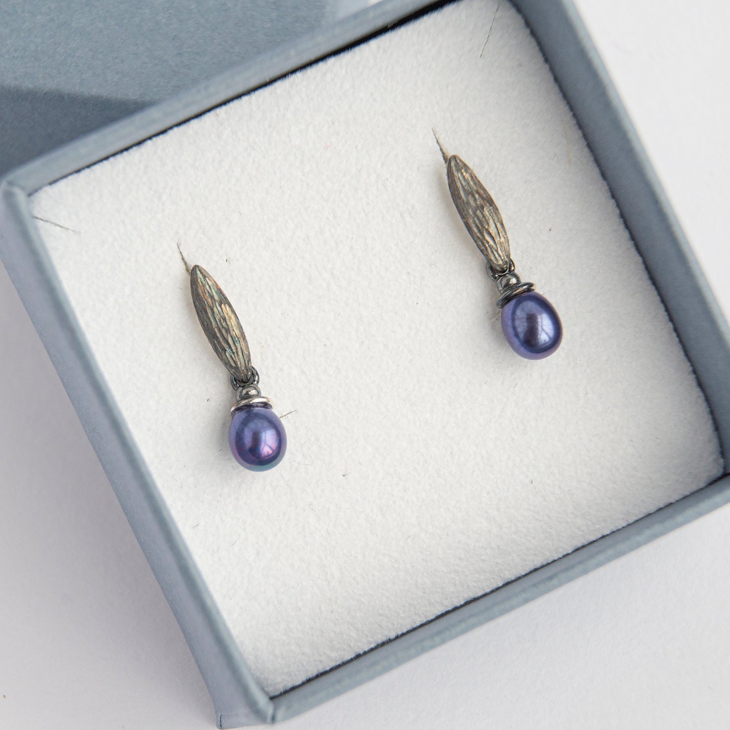 Silver Drop Rectangle Earrings With Peacock Pearls