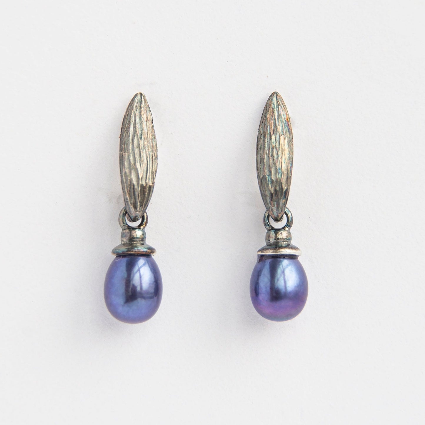 Silver Drop Rectangle Earrings With Peacock Pearls