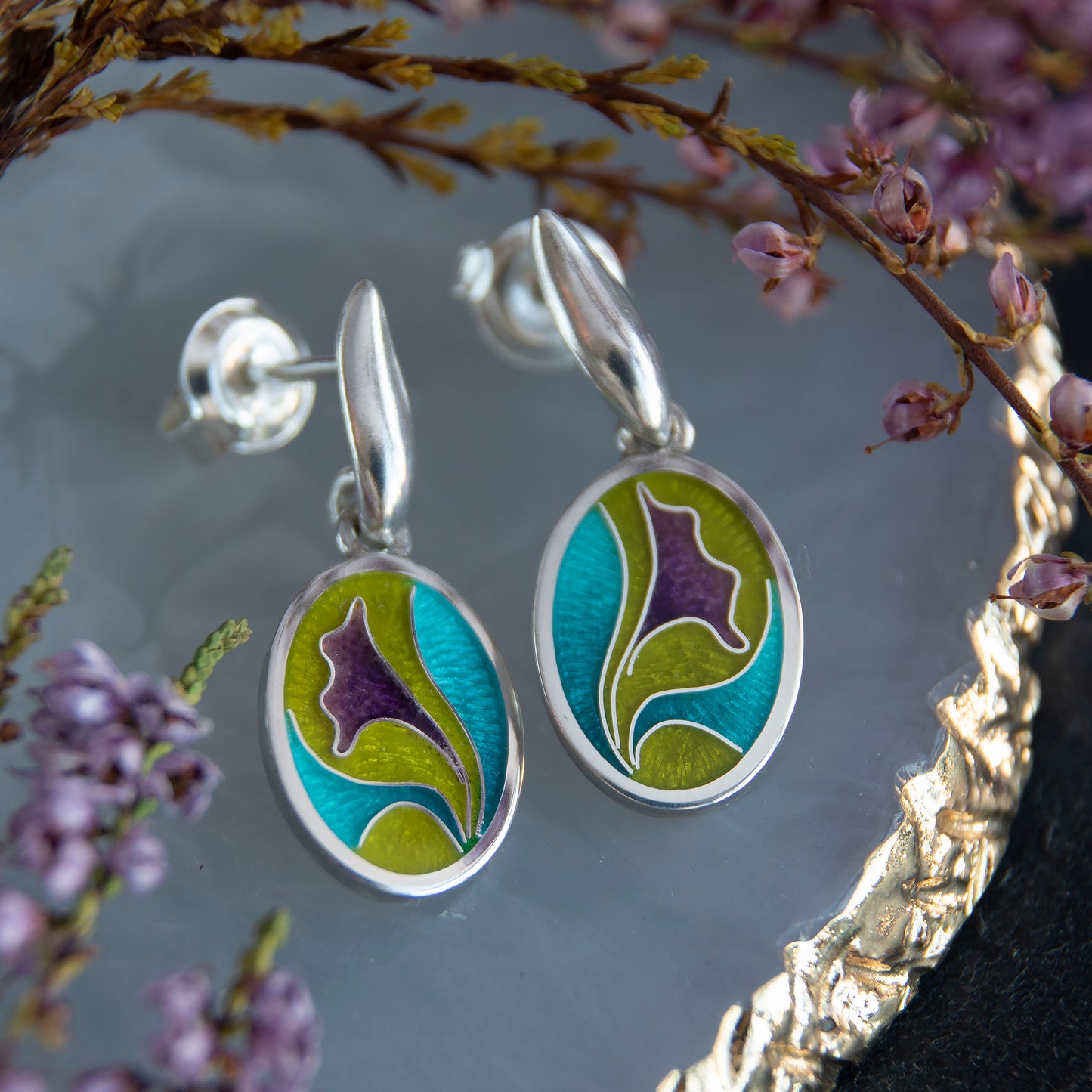 Olive Purple Cloisonné Enamel Earrings