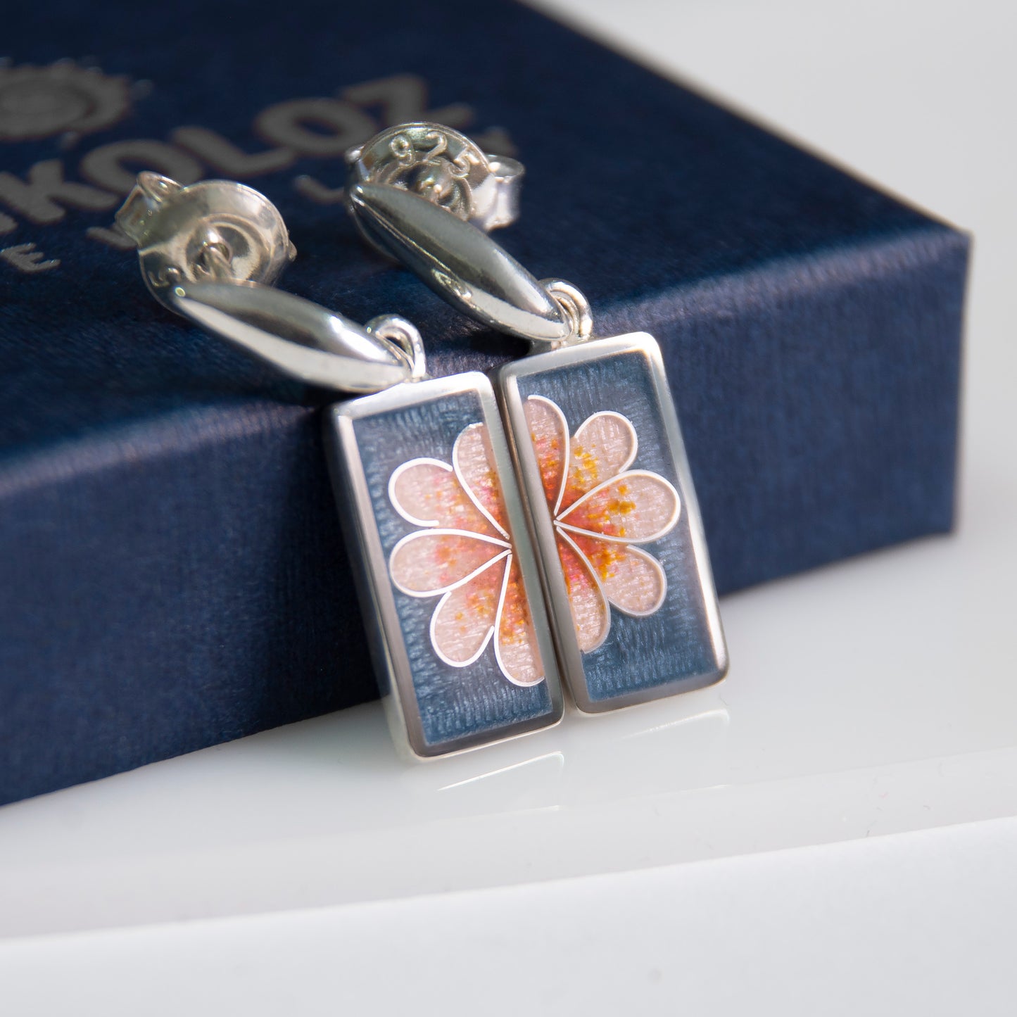 Pink Half Flower Cloisonné Enamel Earrings
