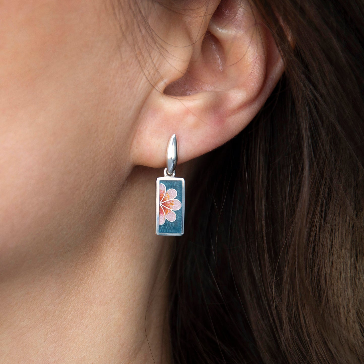 Pink Half Flower Cloisonné Enamel Earrings