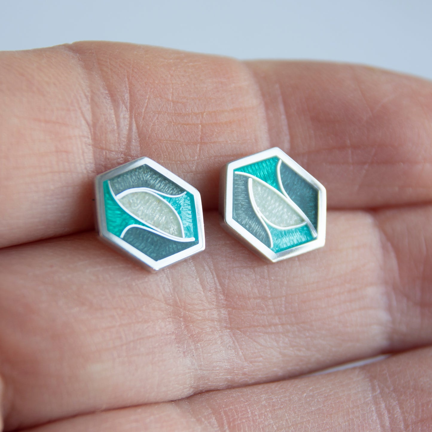 Hexagon Green Cloisonné Enamel Studs